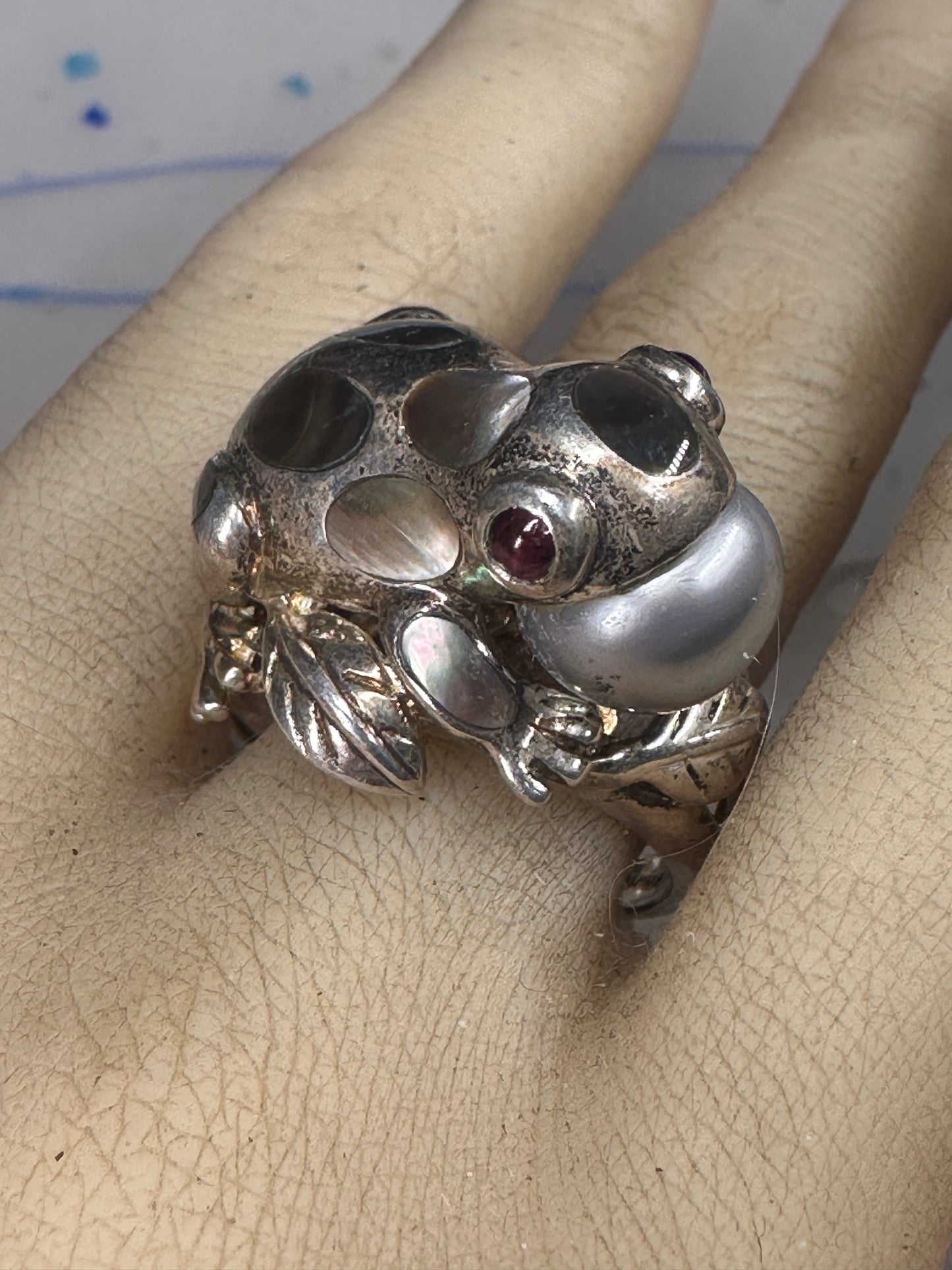 Frog ring leaves abalone size 8 sterling silver women