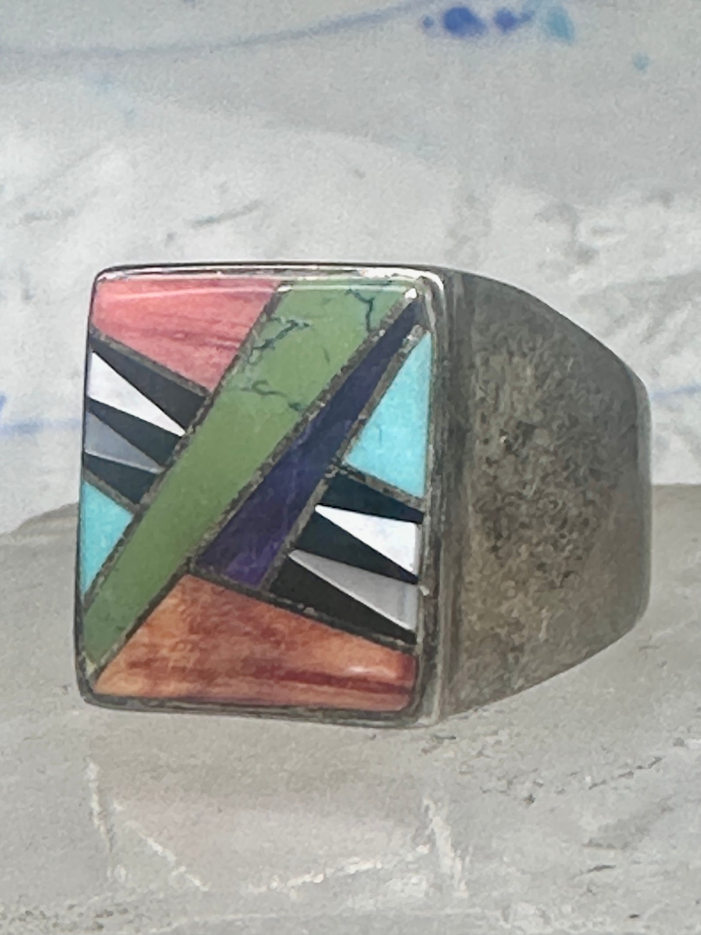 Southwestern Sterling Silver Multi-Stone Inlay Ring Size 13 - Square Geometric Segmented Band