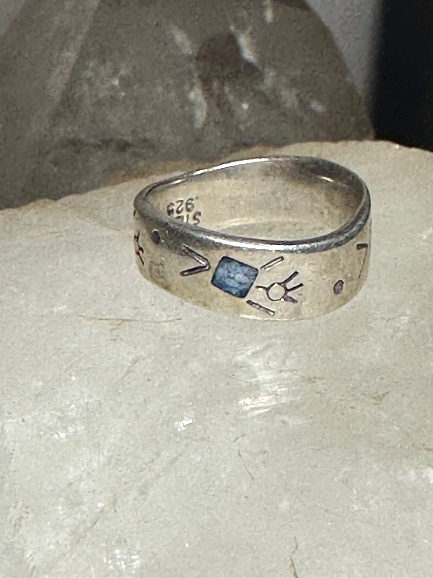Figurative ring happy stick figure band  blue stone inlay size 6 sterling silver women girls