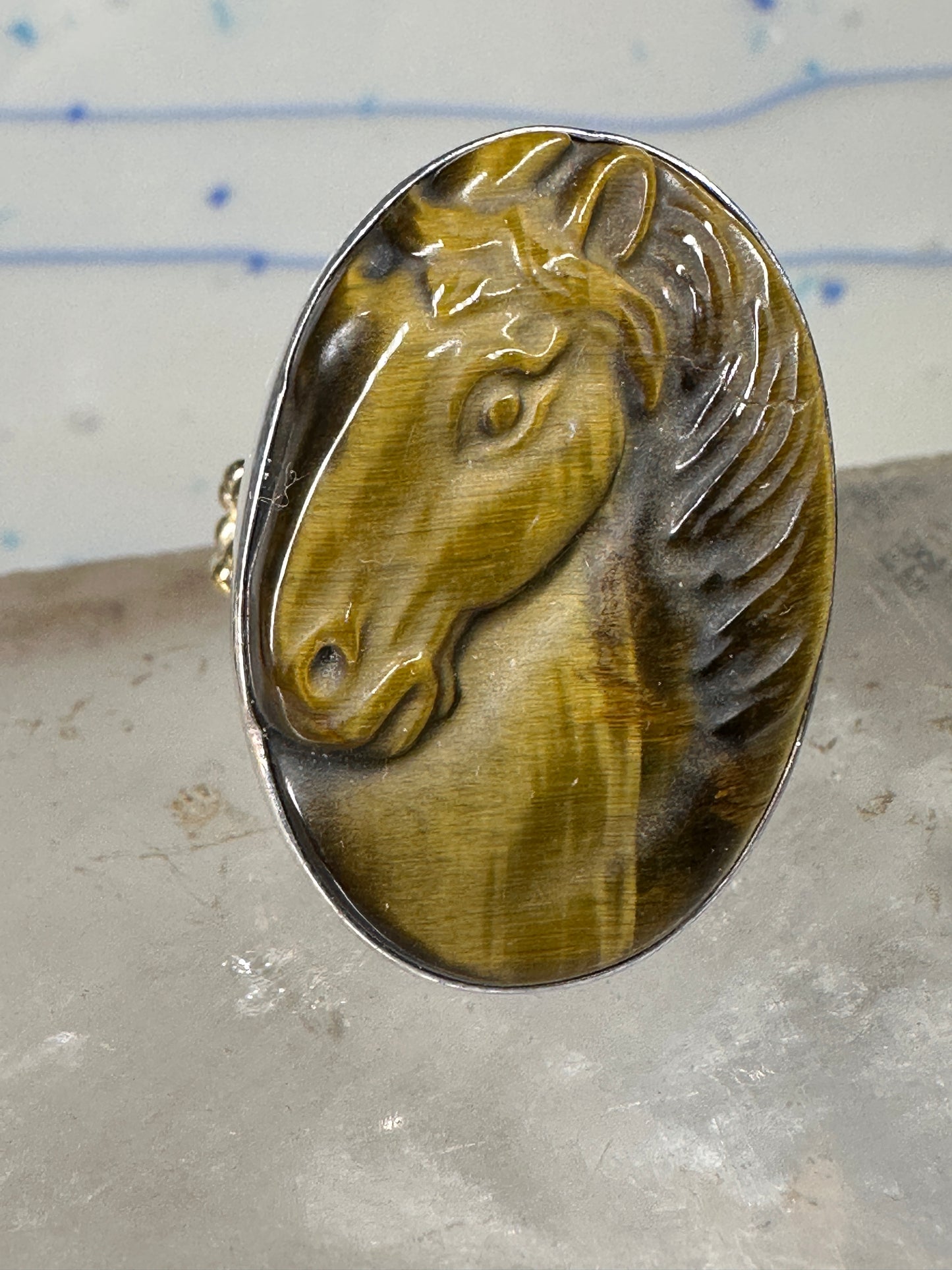 Horse ring figurative face band tiger eye size 6.75 sterling silver women