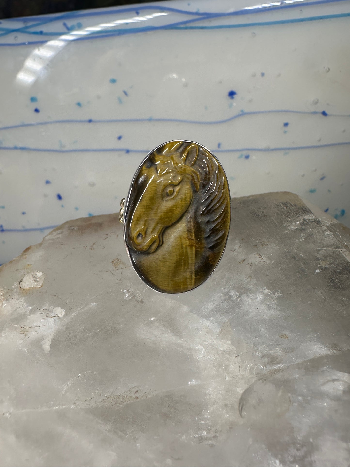 Horse ring figurative face band tiger eye size 6.75 sterling silver women