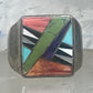 Southwestern Sterling Silver Multi-Stone Inlay Ring Size 13 - Square Geometric Segmented Band