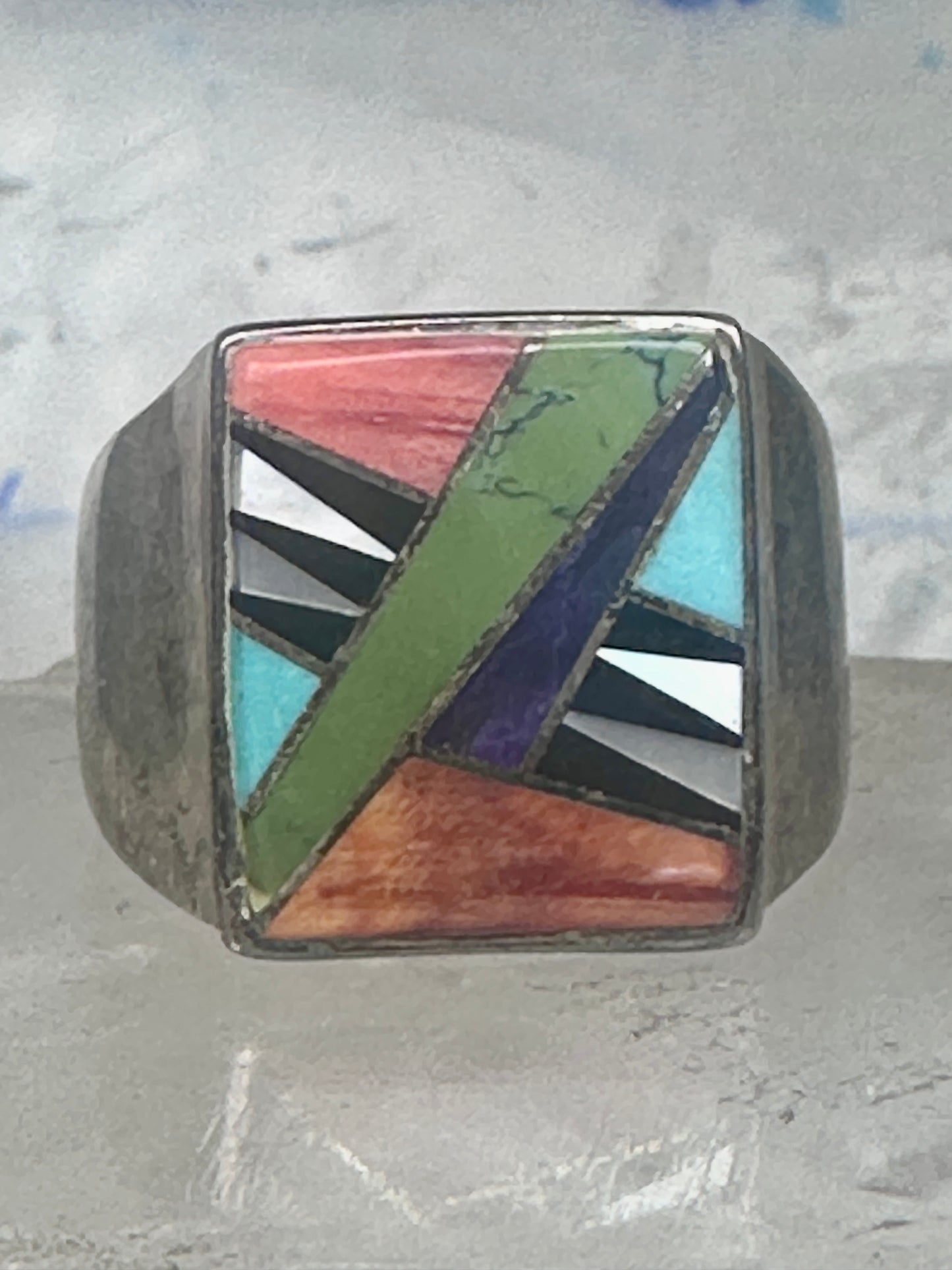 Southwestern Sterling Silver Multi-Stone Inlay Ring Size 13 - Square Geometric Segmented Band
