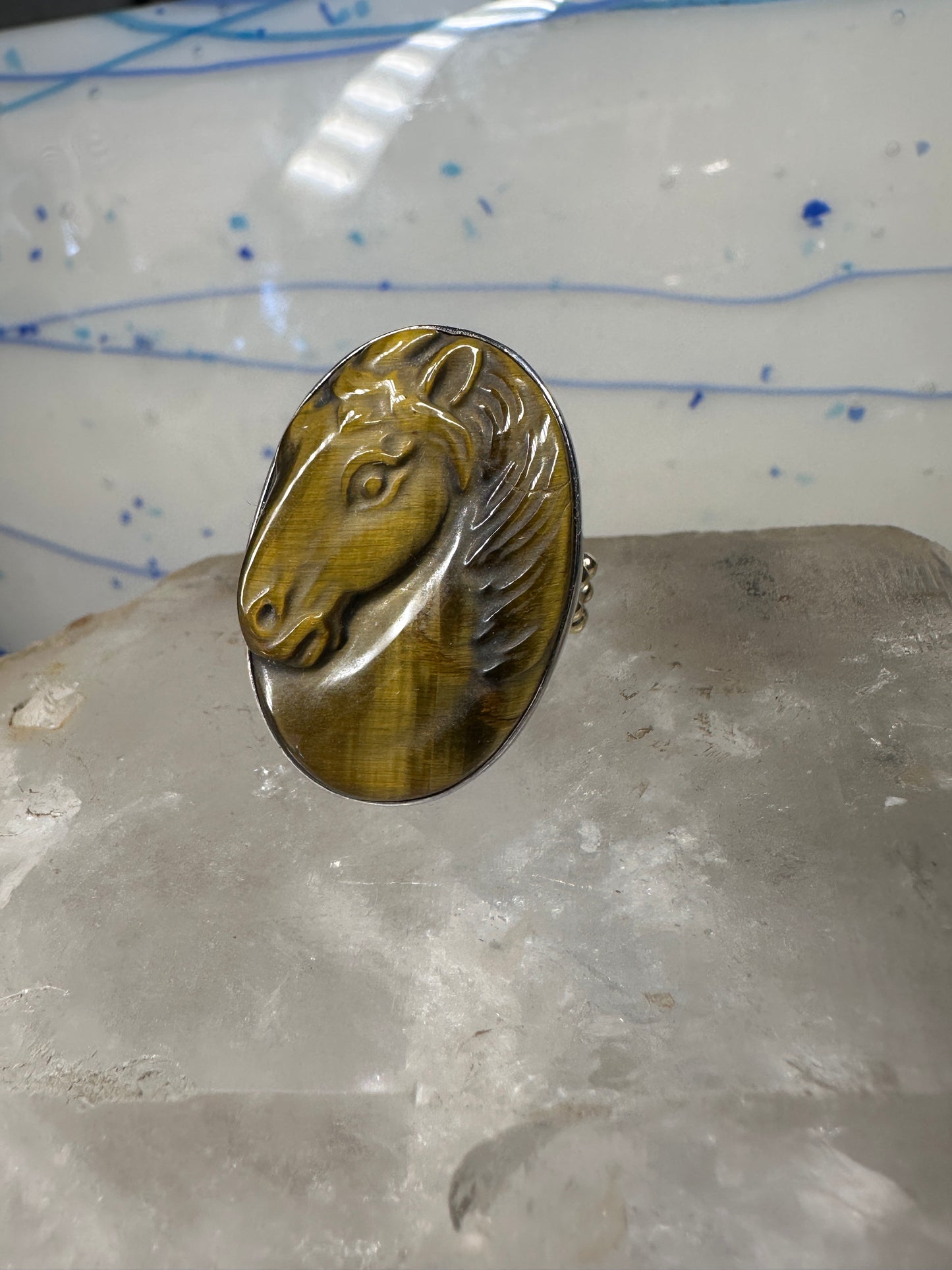 Horse ring figurative face band tiger eye size 6.75 sterling silver women