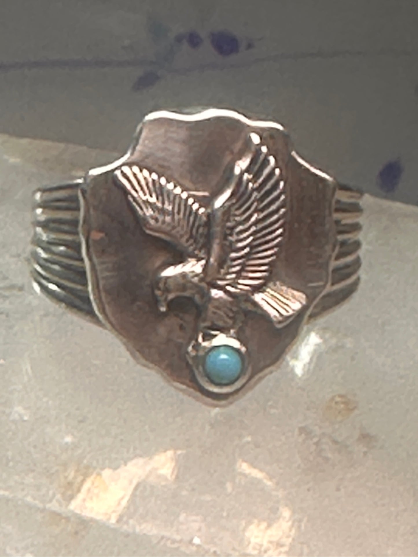 Eagle ring w arrow turquoise band southwest signed FM size 11 sterling silver men women