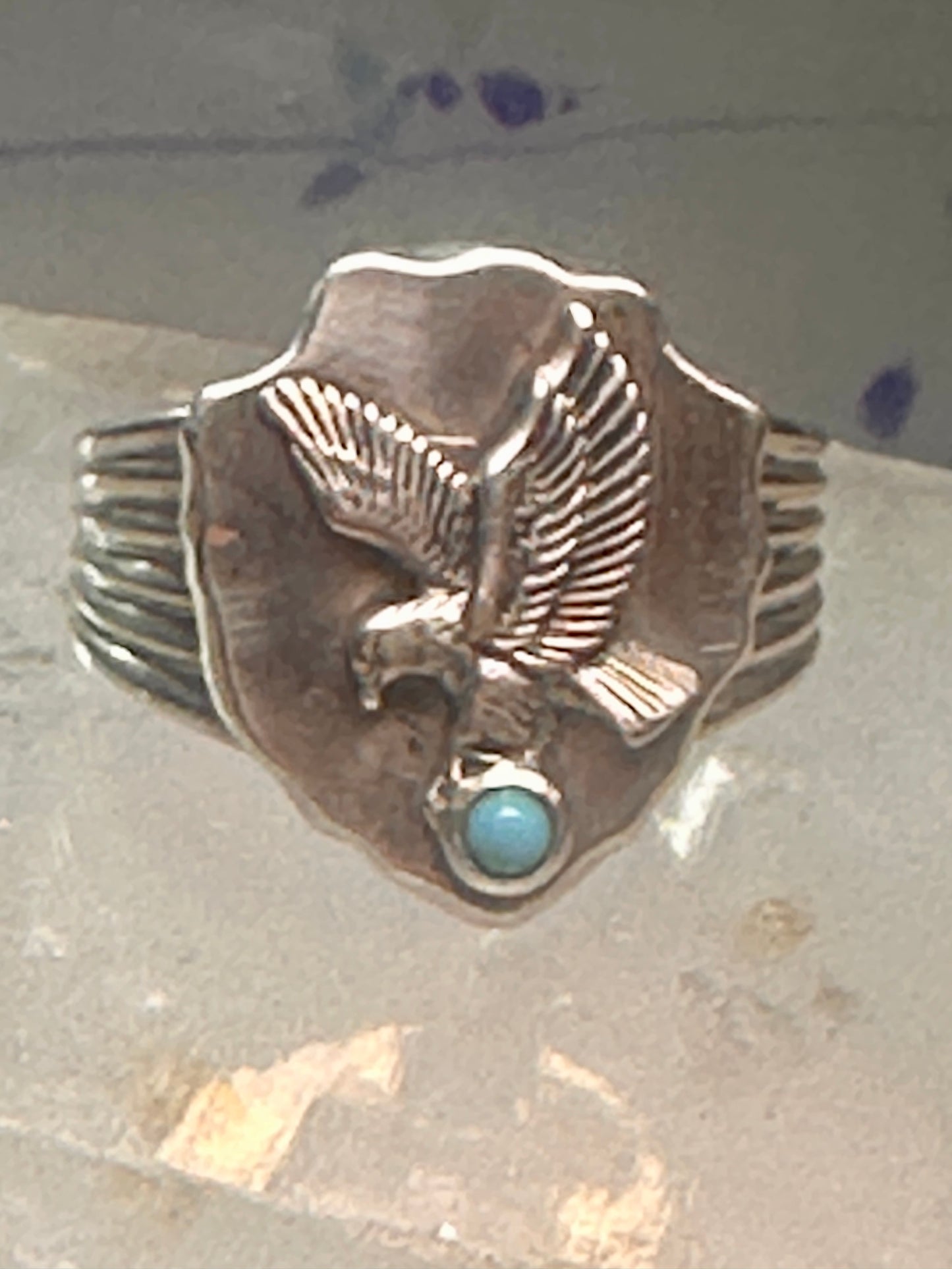 Eagle ring w arrow turquoise band southwest signed FM size 11 sterling silver men women