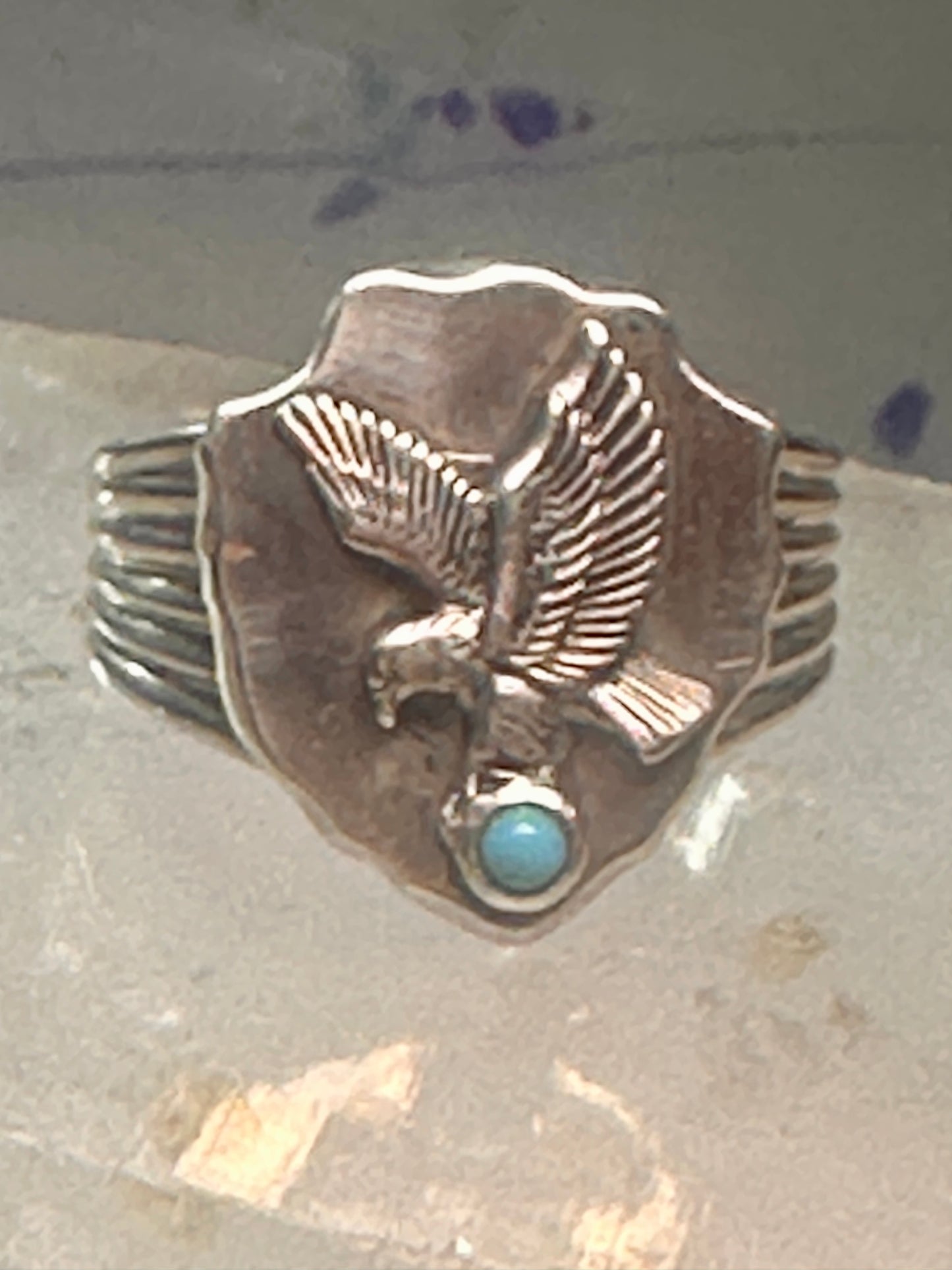 Eagle ring w arrow turquoise band southwest signed FM size 11 sterling silver men women