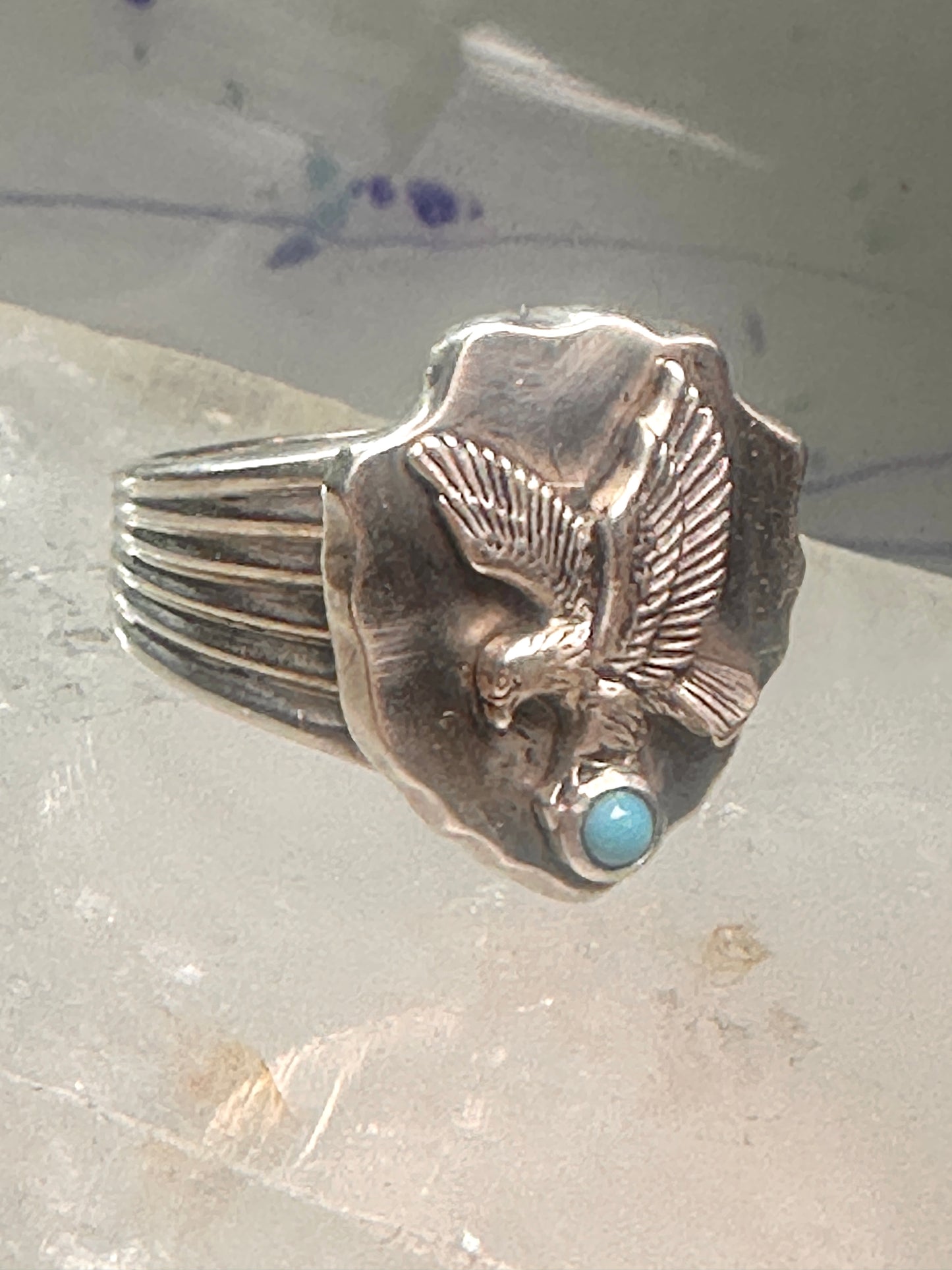 Eagle ring w arrow turquoise band southwest signed FM size 11 sterling silver men women