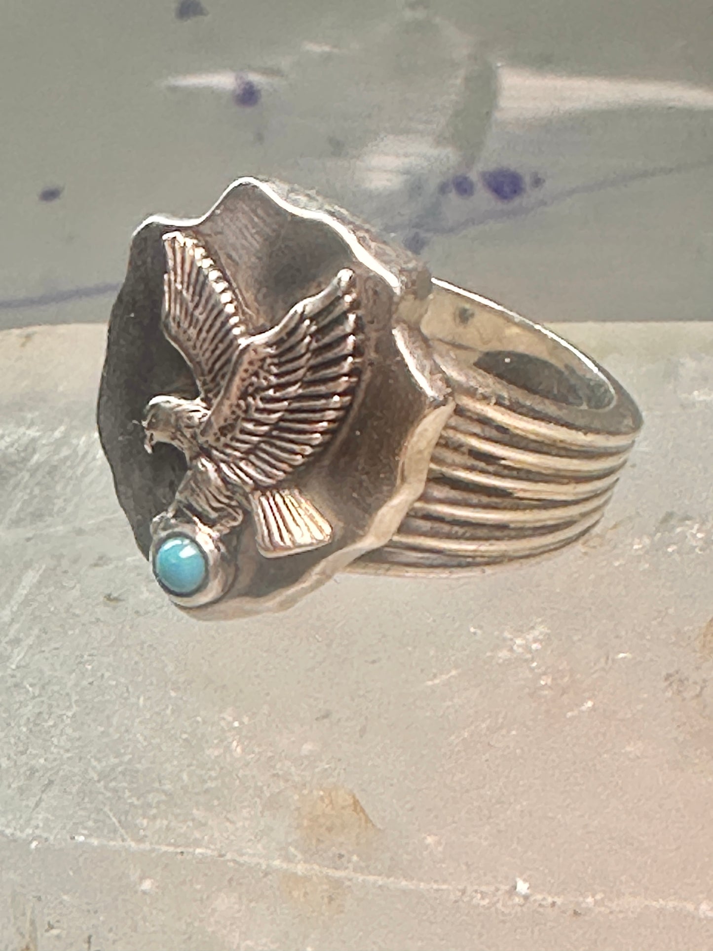 Eagle ring w arrow turquoise band southwest signed FM size 11 sterling silver men women