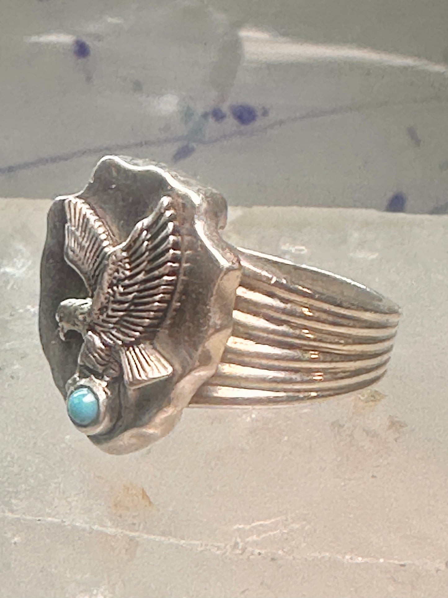 Eagle ring w arrow turquoise band southwest signed FM size 11 sterling silver men women