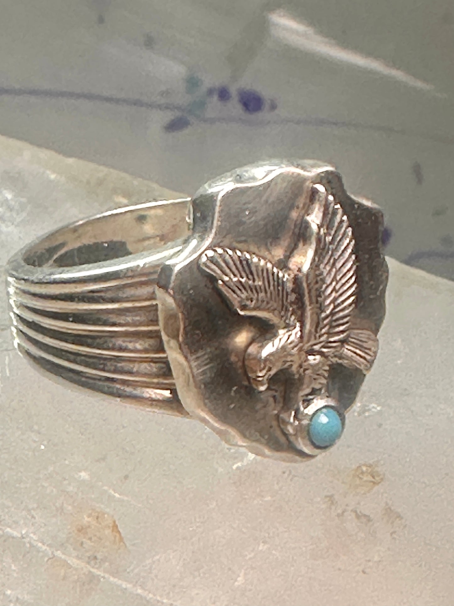 Eagle ring w arrow turquoise band southwest signed FM size 11 sterling silver men women