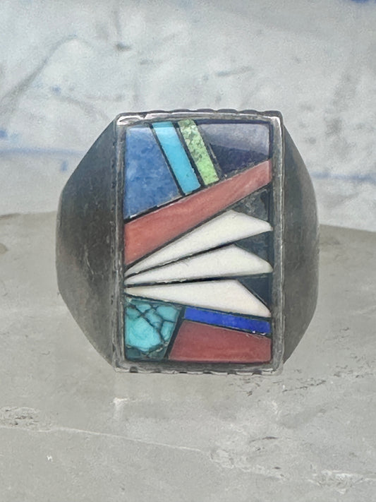 Southwestern Sterling Silver Multi-Stone Inlay Ring Size 9.75 - Rectangular Geometric Segmented Band