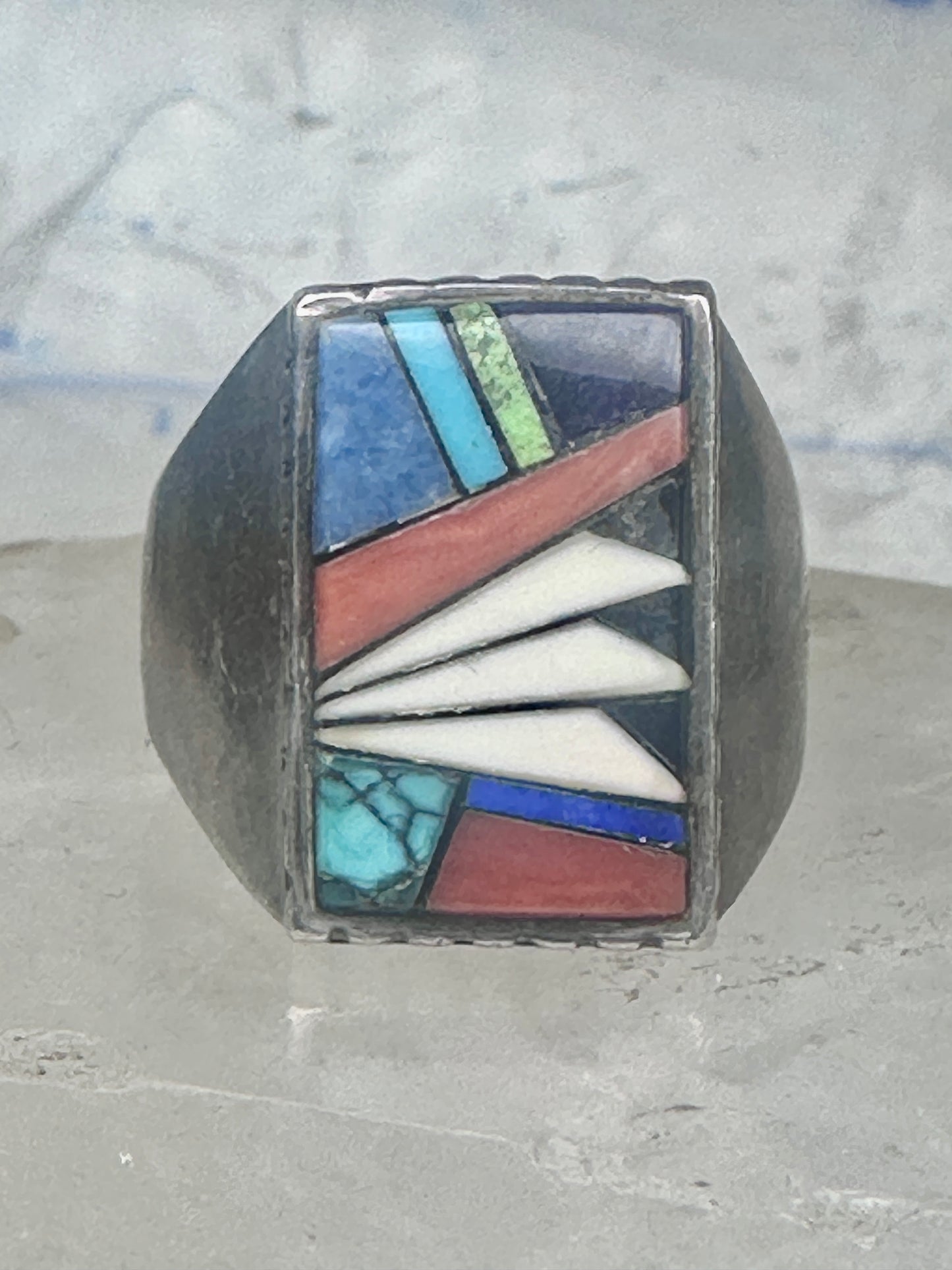 Southwestern Sterling Silver Multi-Stone Inlay Ring Size 9.75 - Rectangular Geometric Segmented Band