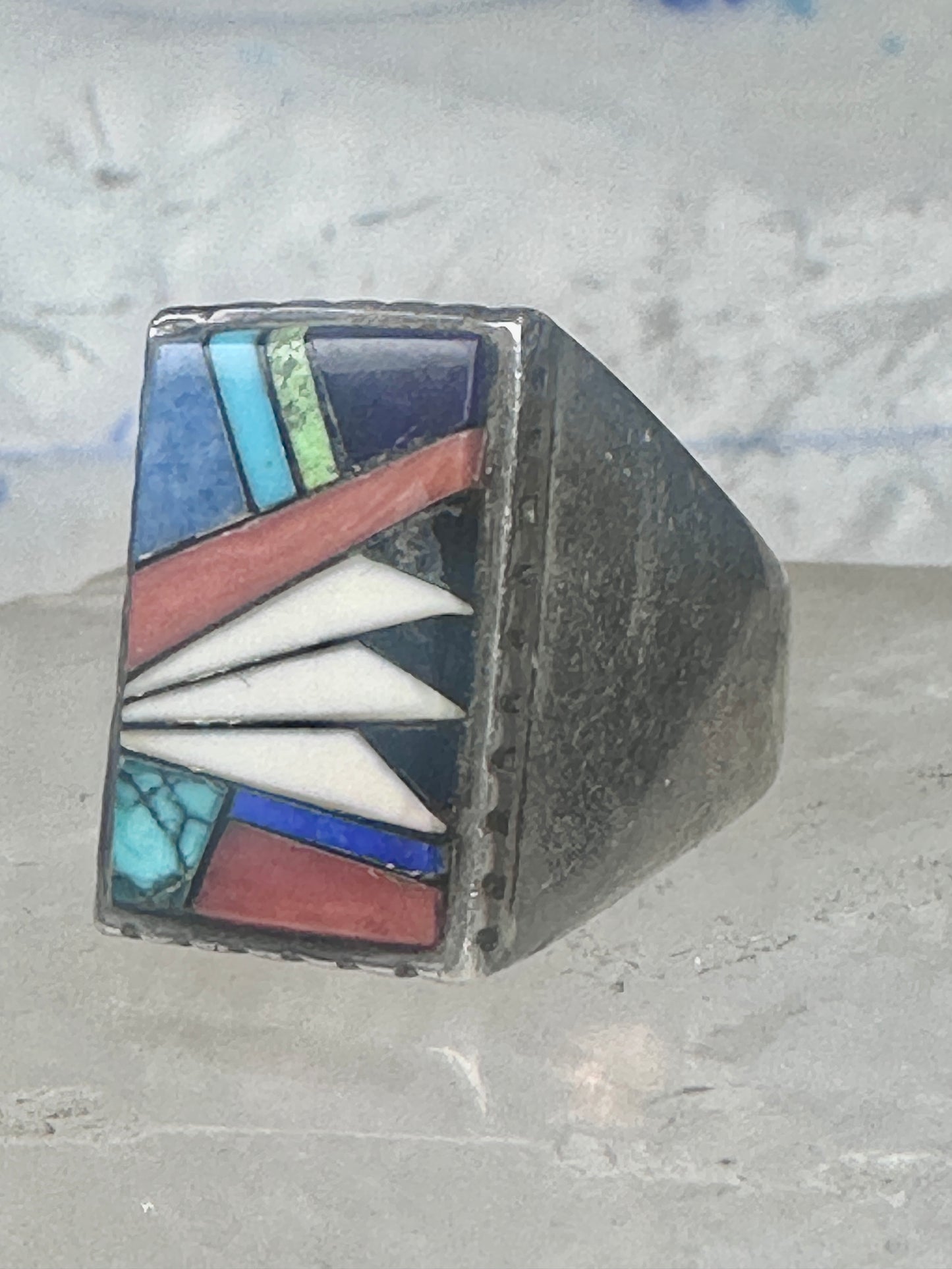 Southwestern Sterling Silver Multi-Stone Inlay Ring Size 9.75 - Rectangular Geometric Segmented Band