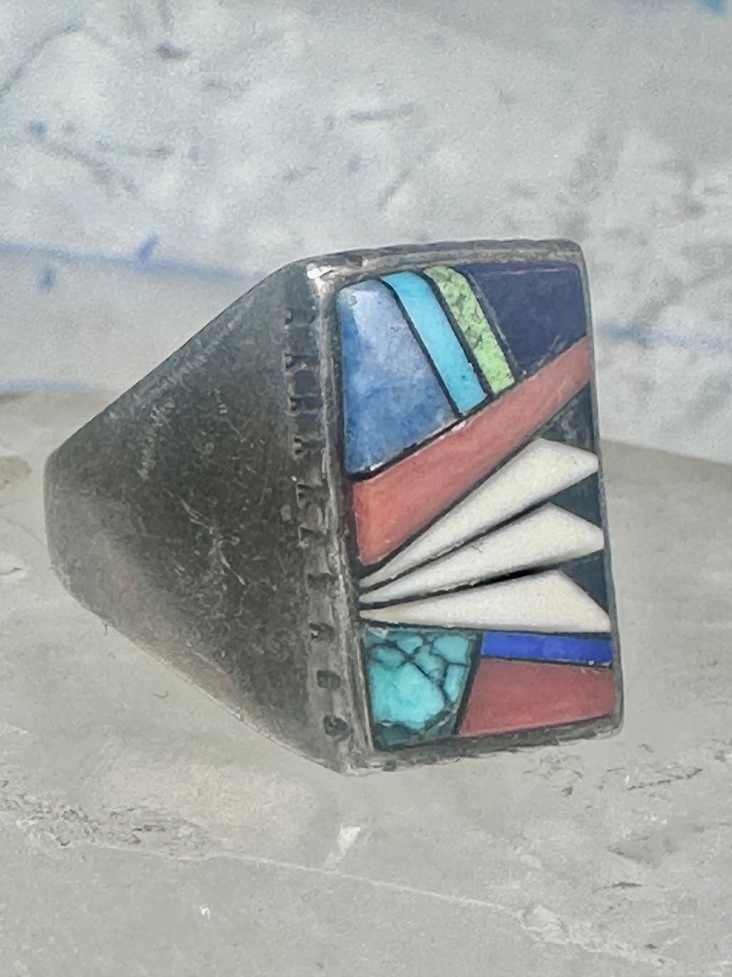 Southwestern Sterling Silver Multi-Stone Inlay Ring Size 9.75 - Rectangular Geometric Segmented Band
