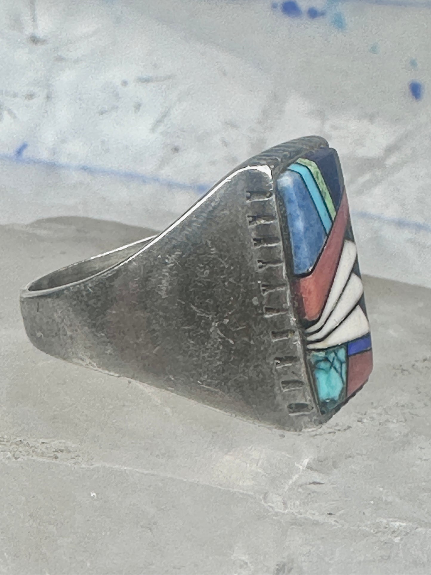 Southwestern Sterling Silver Multi-Stone Inlay Ring Size 9.75 - Rectangular Geometric Segmented Band