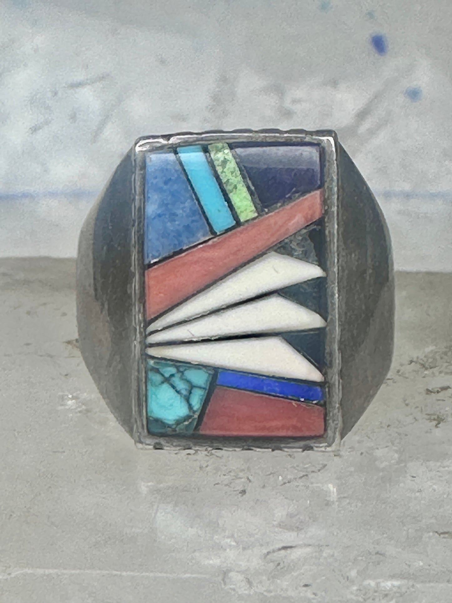 Southwestern Sterling Silver Multi-Stone Inlay Ring Size 9.75 - Rectangular Geometric Segmented Band