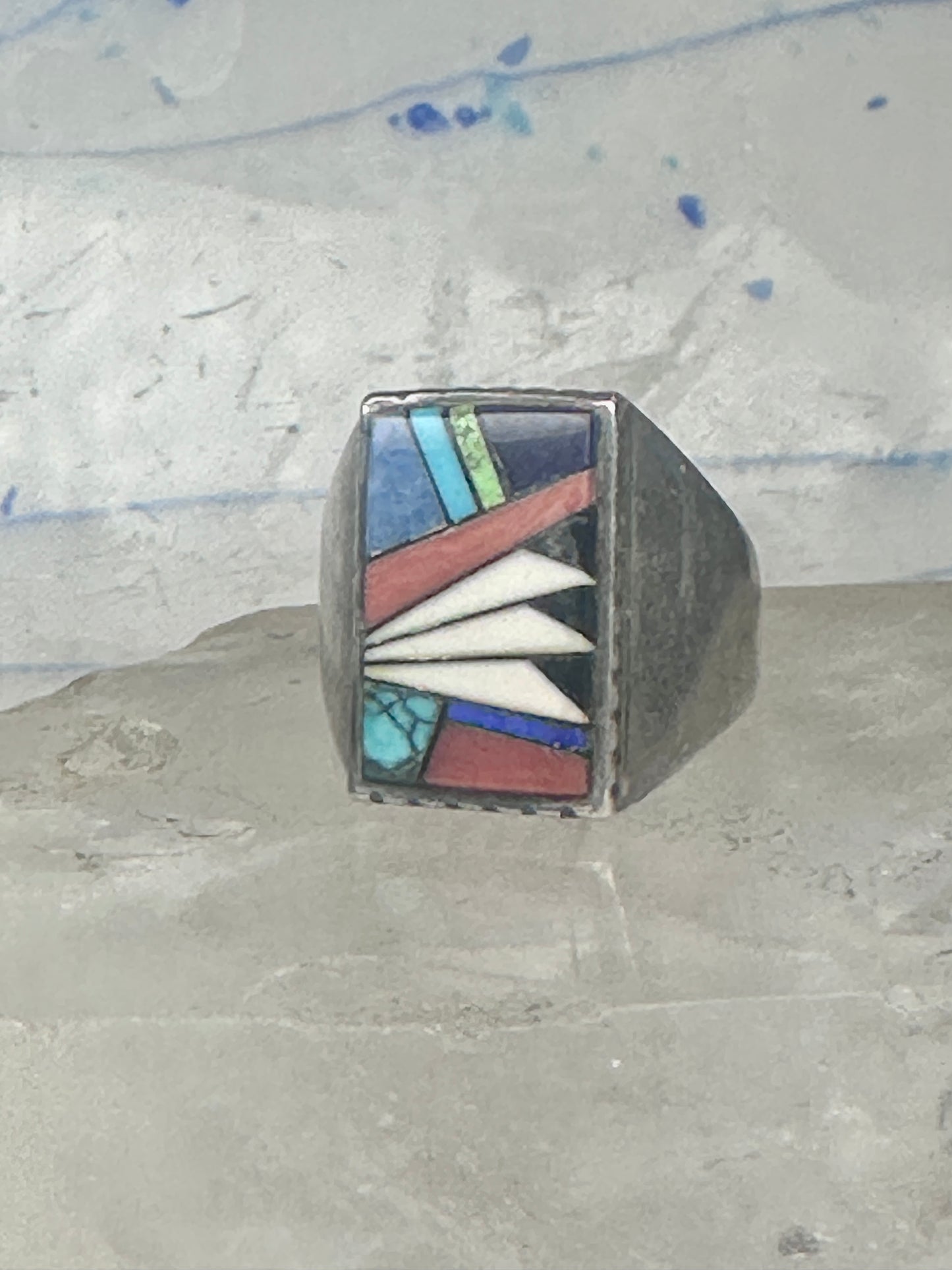 Southwestern Sterling Silver Multi-Stone Inlay Ring Size 9.75 - Rectangular Geometric Segmented Band