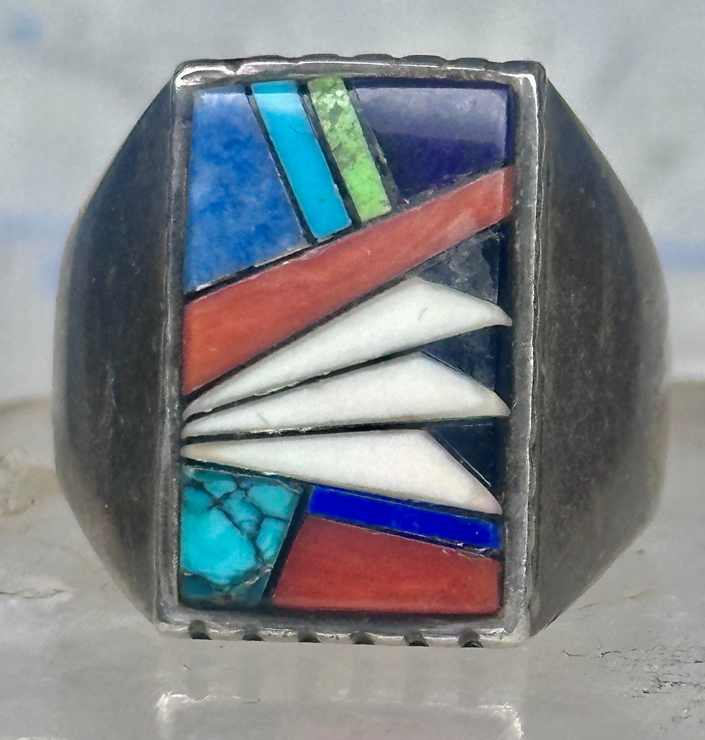 Southwestern Sterling Silver Multi-Stone Inlay Ring Size 9.75 - Rectangular Geometric Segmented Band