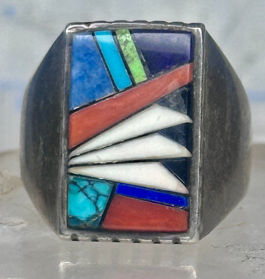 Southwestern Sterling Silver Multi-Stone Inlay Ring Size 9.75 - Rectangular Geometric Segmented Band