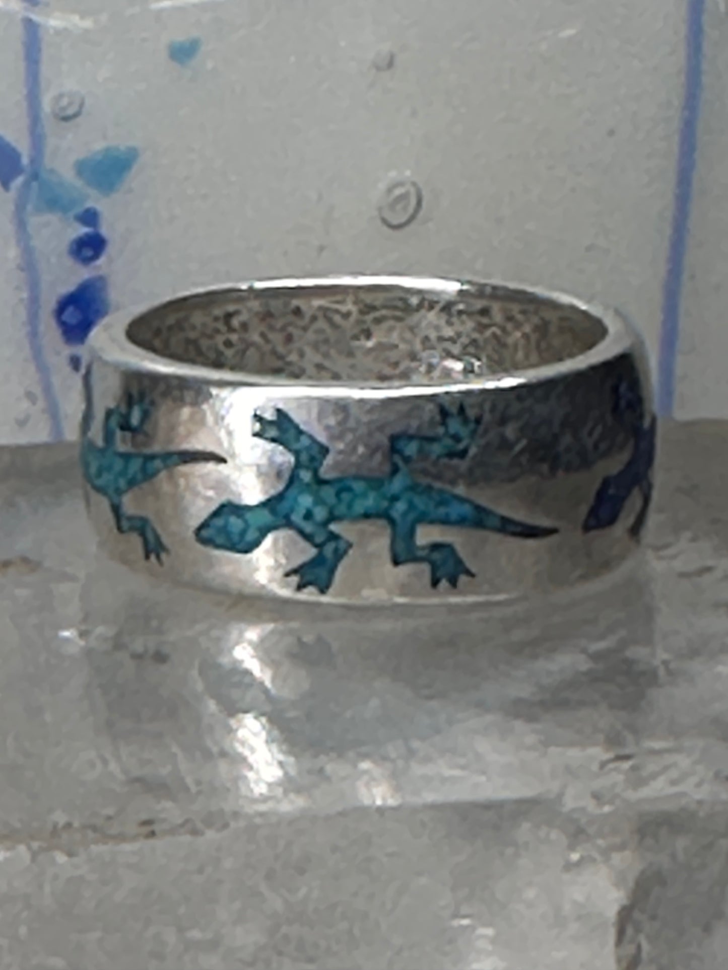 Gecko ring Lizard band southwest turquoise lapis chips size 9.75 sterling silver women men