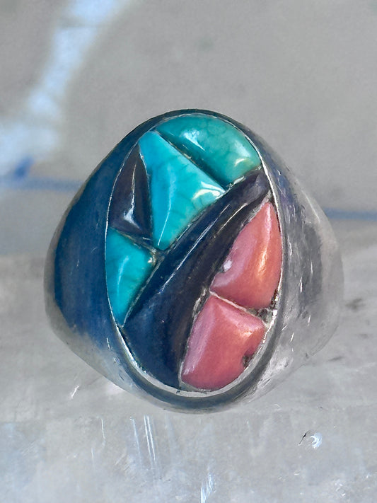 Navajo Ring Turquoise coral onyx cobblestone size 9.7 southwest sterling silver women men