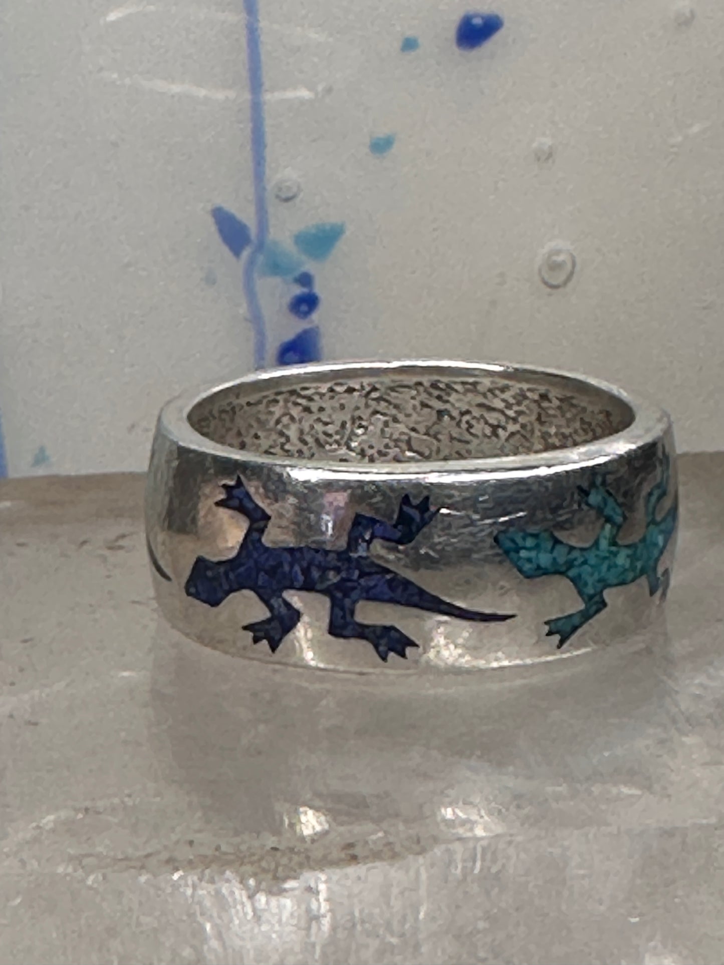 Gecko ring Lizard band southwest turquoise lapis chips size 9.75 sterling silver women men