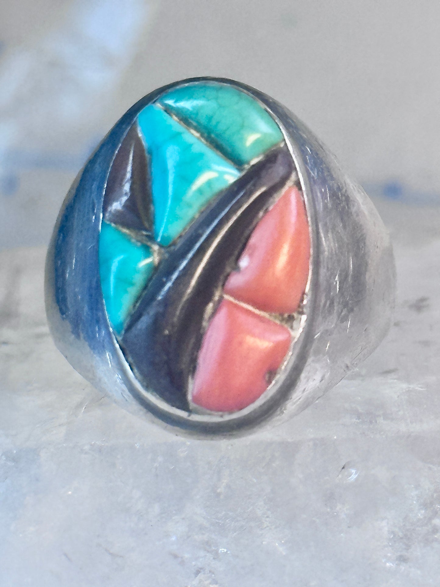 Navajo Ring Turquoise coral onyx cobblestone size 9.7 southwest sterling silver women men