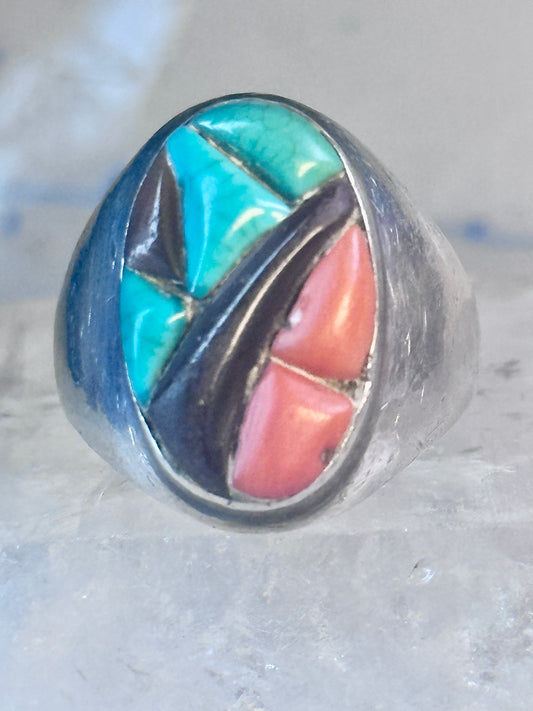 Navajo Ring Turquoise coral onyx cobblestone size 9.7 southwest sterling silver women men