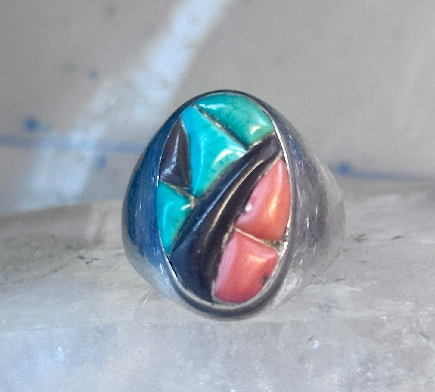 Navajo Ring Turquoise coral onyx cobblestone size 9.7 southwest sterling silver women men