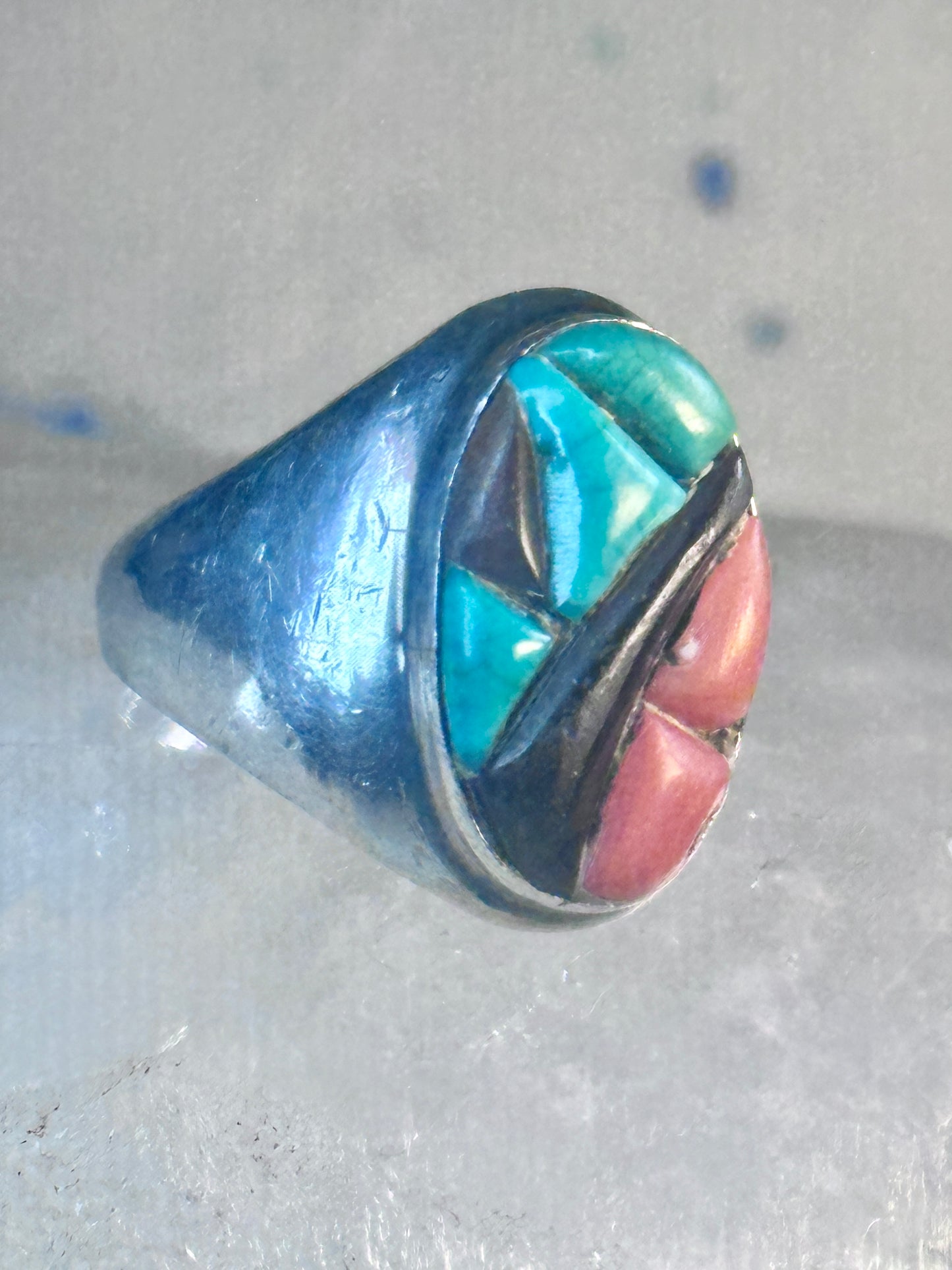 Navajo Ring Turquoise coral onyx cobblestone size 9.7 southwest sterling silver women men