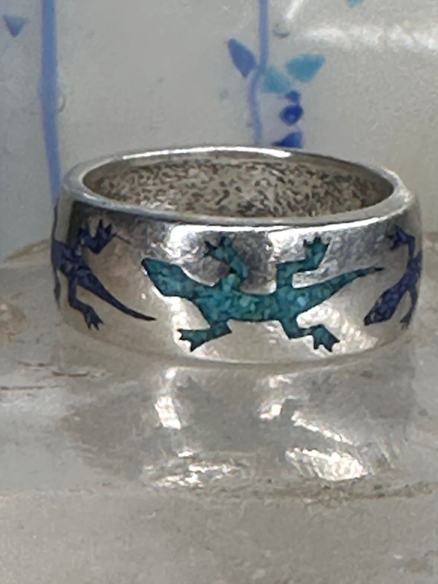 Gecko ring Lizard band southwest turquoise lapis chips size 9.75 sterling silver women men