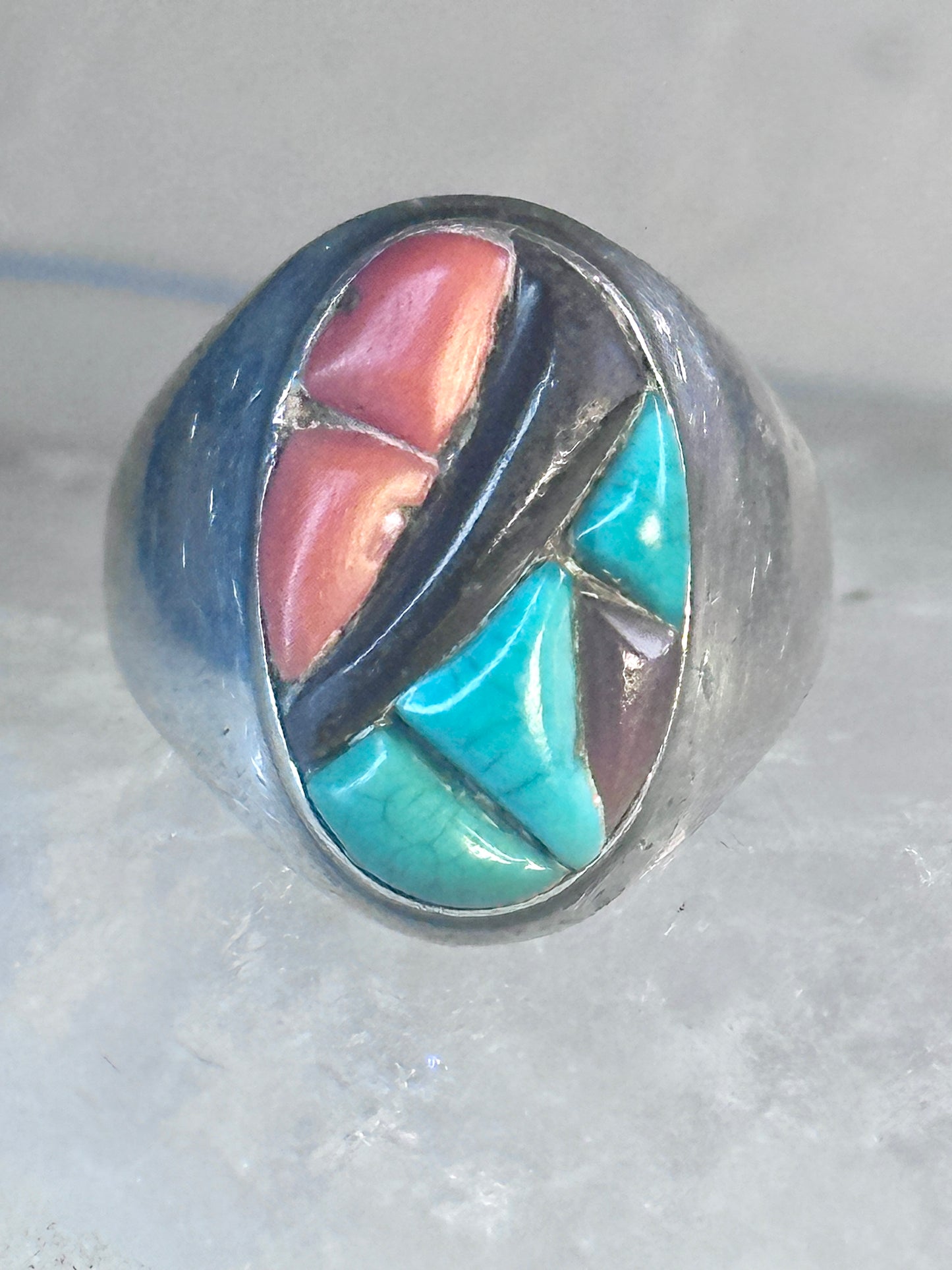 Navajo Ring Turquoise coral onyx cobblestone size 9.7 southwest sterling silver women men