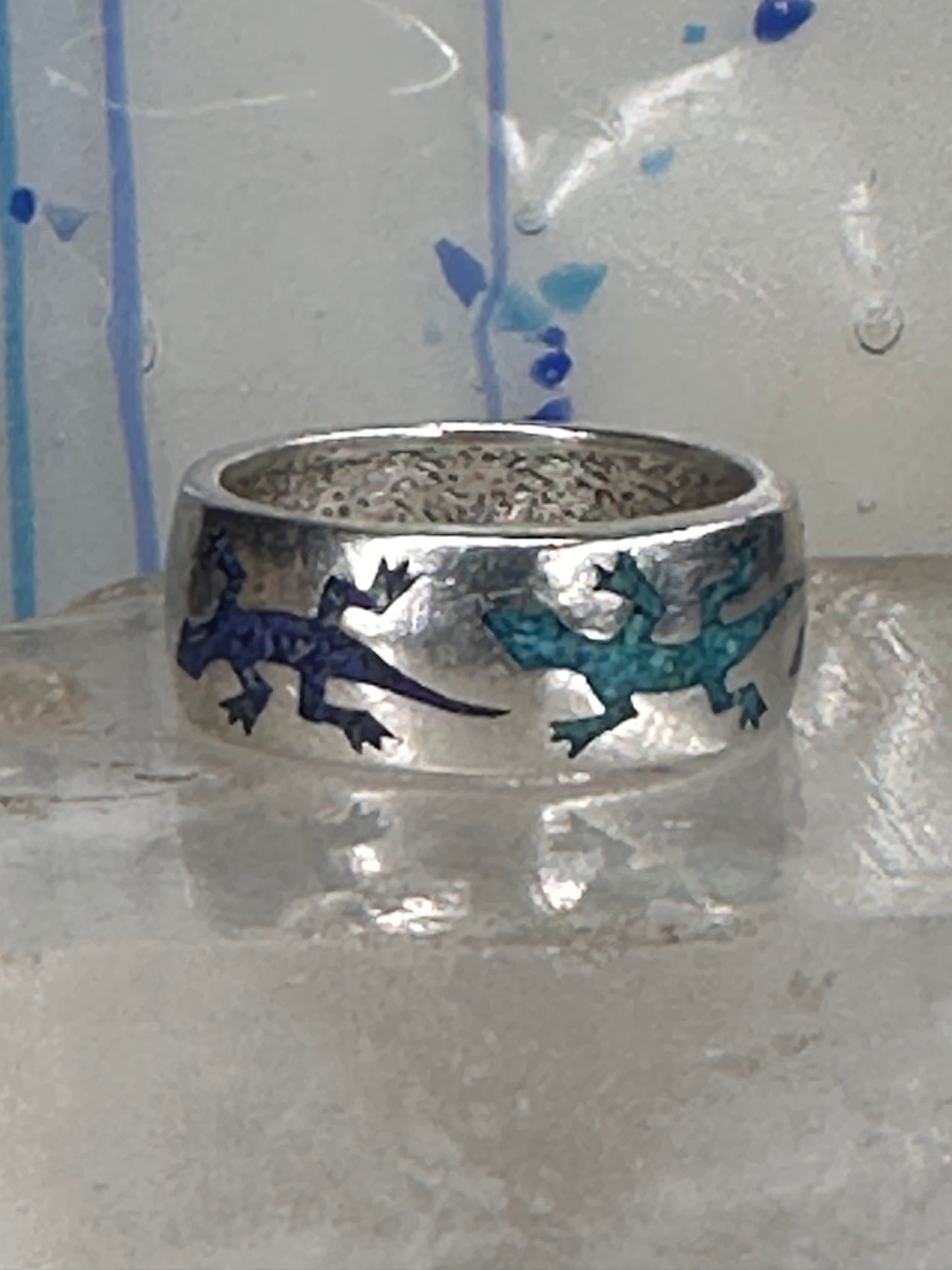 Gecko ring Lizard band southwest turquoise lapis chips size 9.75 sterling silver women men