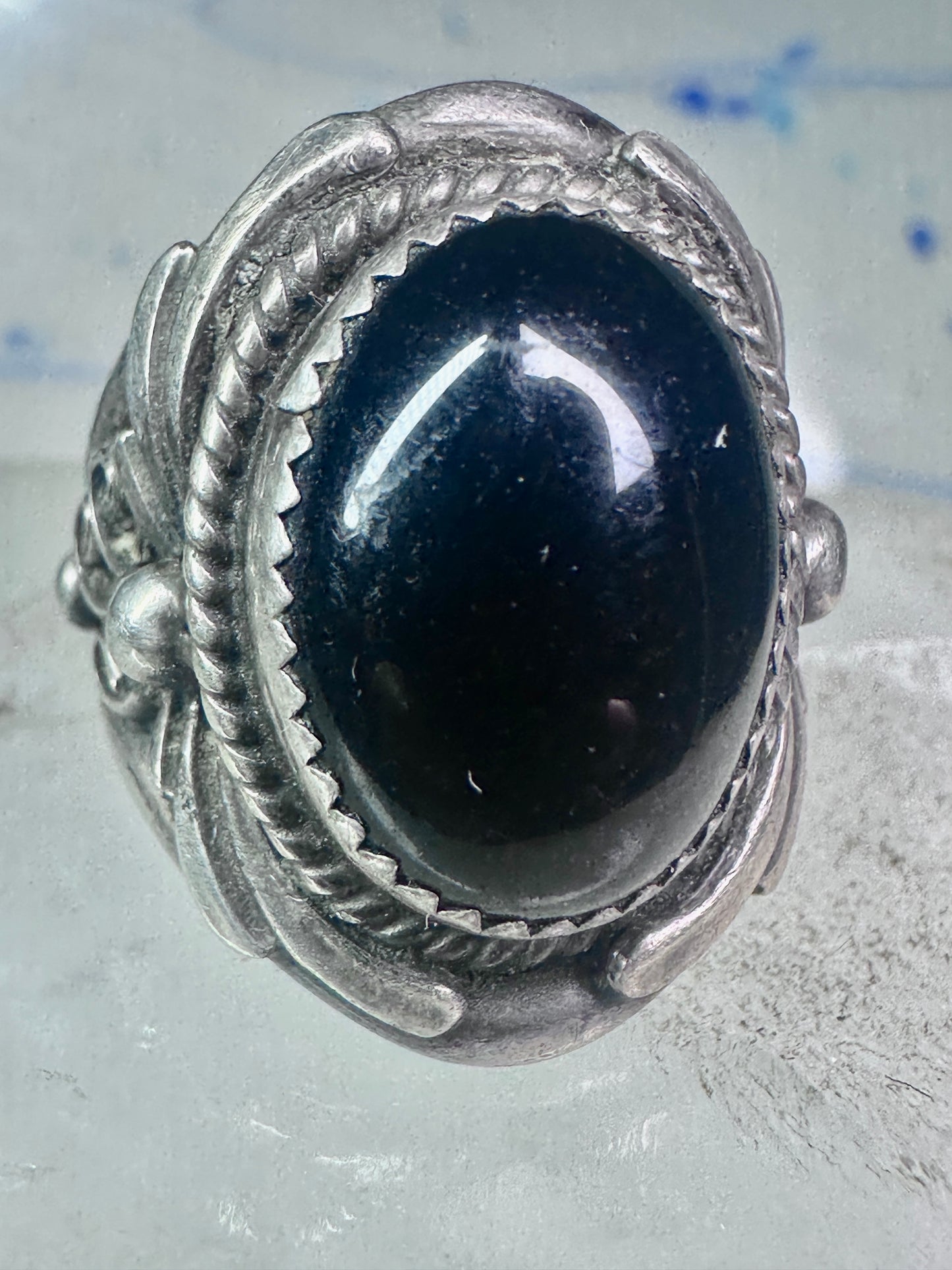 Navajo ring vintage onyx leaves band size 9.25 sterling silver women