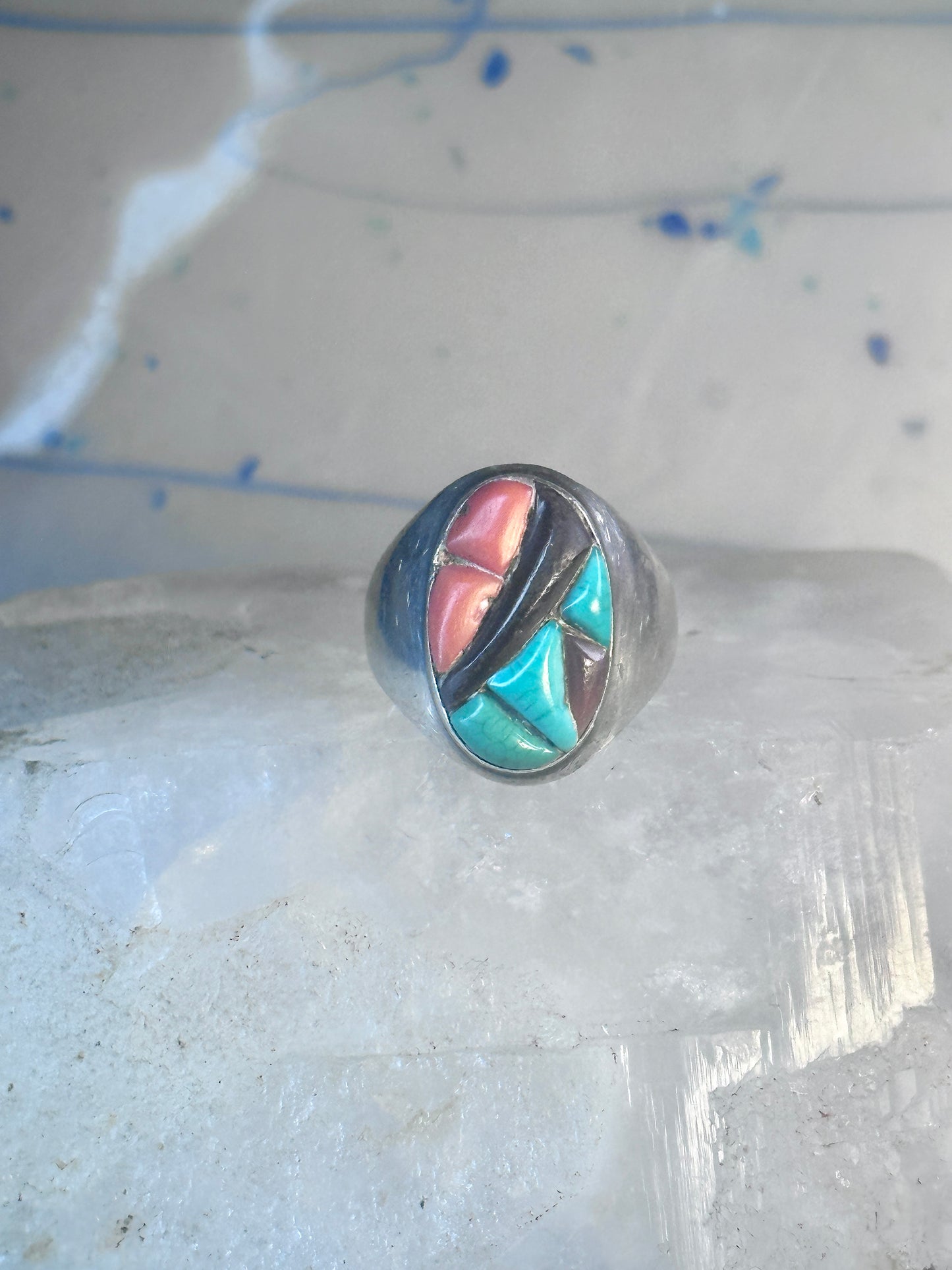 Navajo Ring Turquoise coral onyx cobblestone size 9.7 southwest sterling silver women men