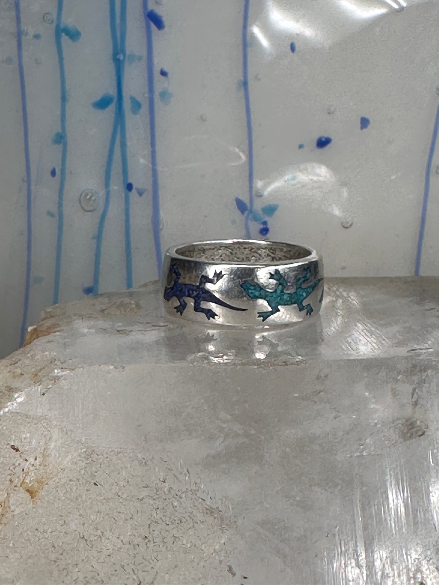 Gecko ring Lizard band southwest turquoise lapis chips size 9.75 sterling silver women men