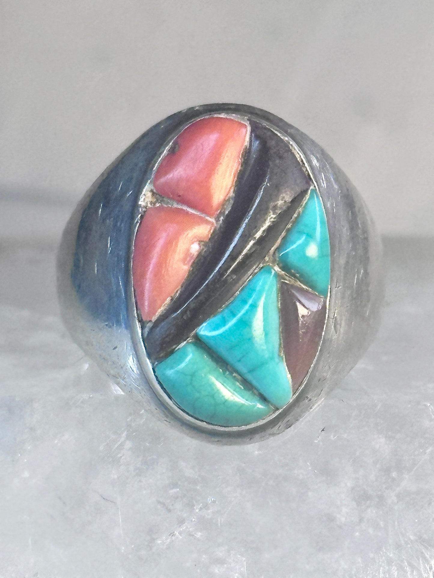 Navajo Ring Turquoise coral onyx cobblestone size 9.7 southwest sterling silver women men