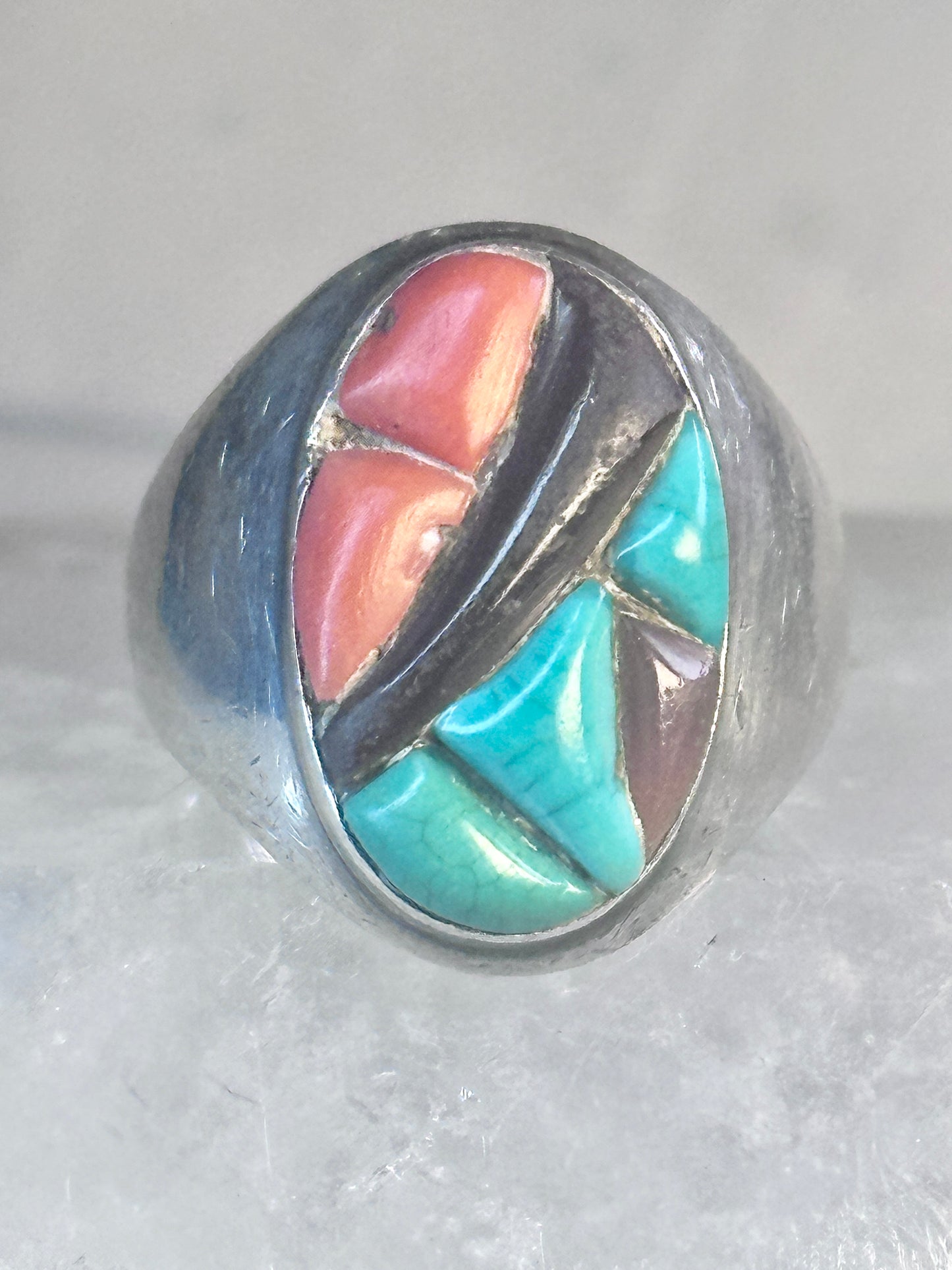 Navajo Ring Turquoise coral onyx cobblestone size 9.7 southwest sterling silver women men