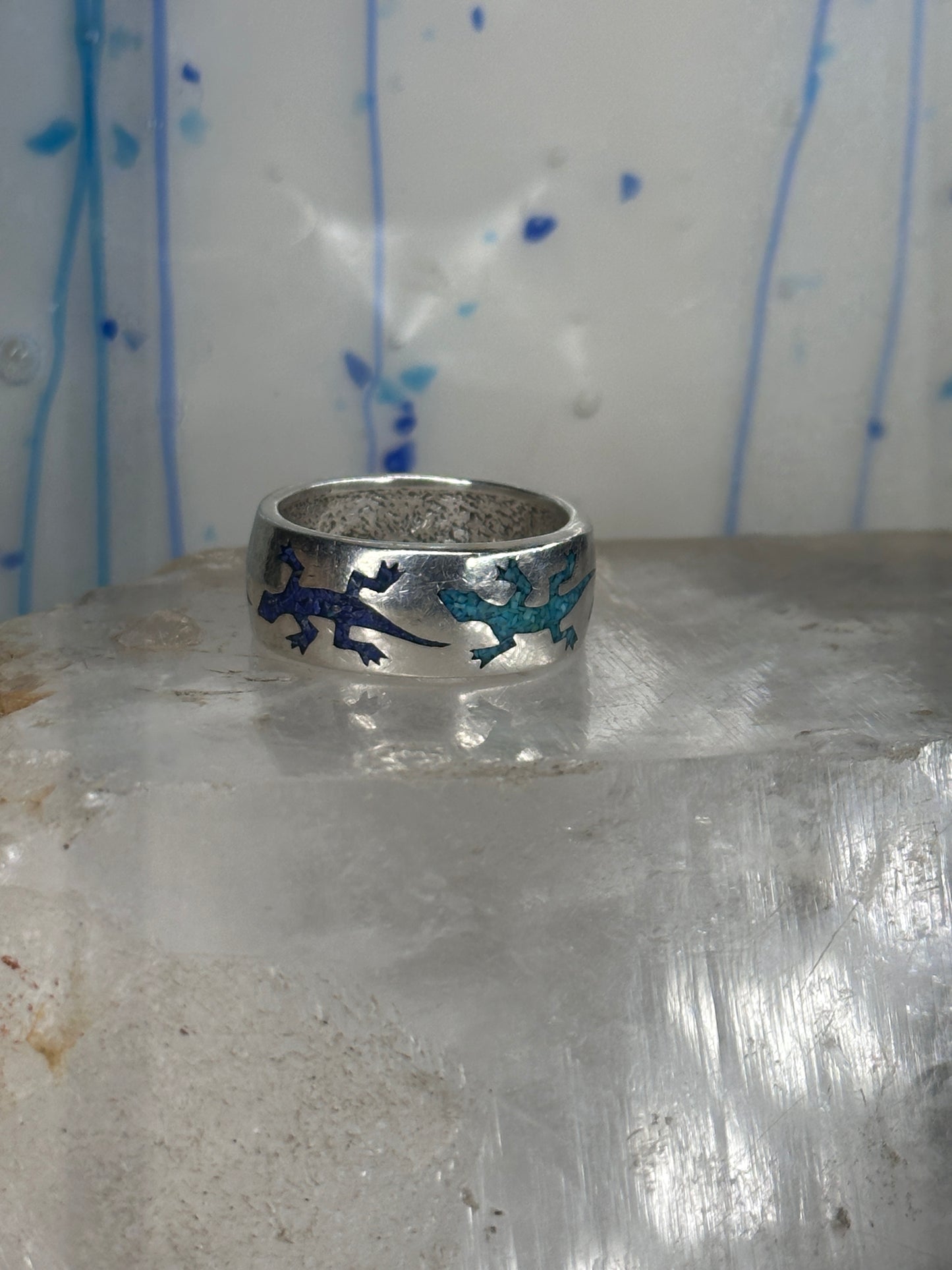 Gecko ring Lizard band southwest turquoise lapis chips size 9.75 sterling silver women men