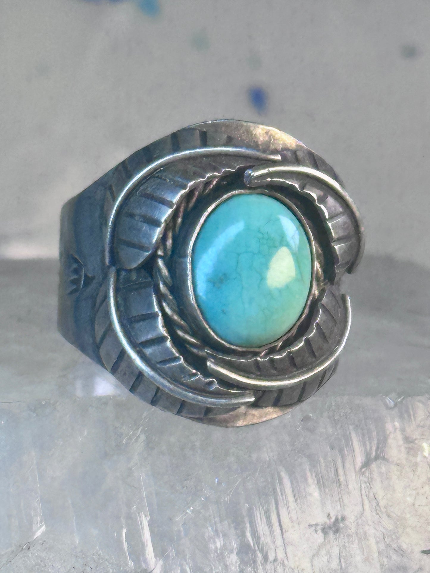 Navajo Ring Turquoise wide band leaves size 10.7 southwest sterling silver women men