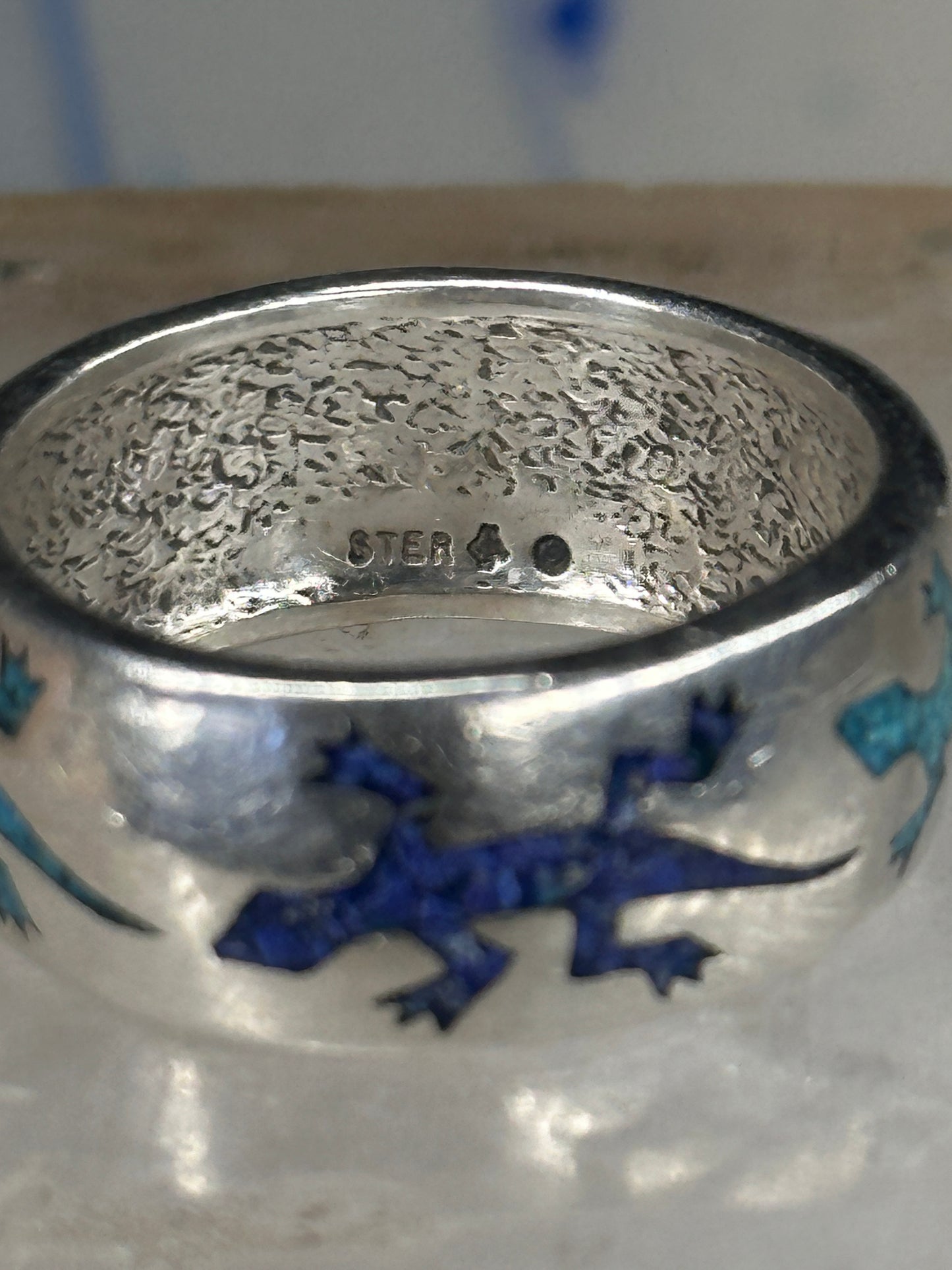 Gecko ring Lizard band southwest turquoise lapis chips size 9.75 sterling silver women men