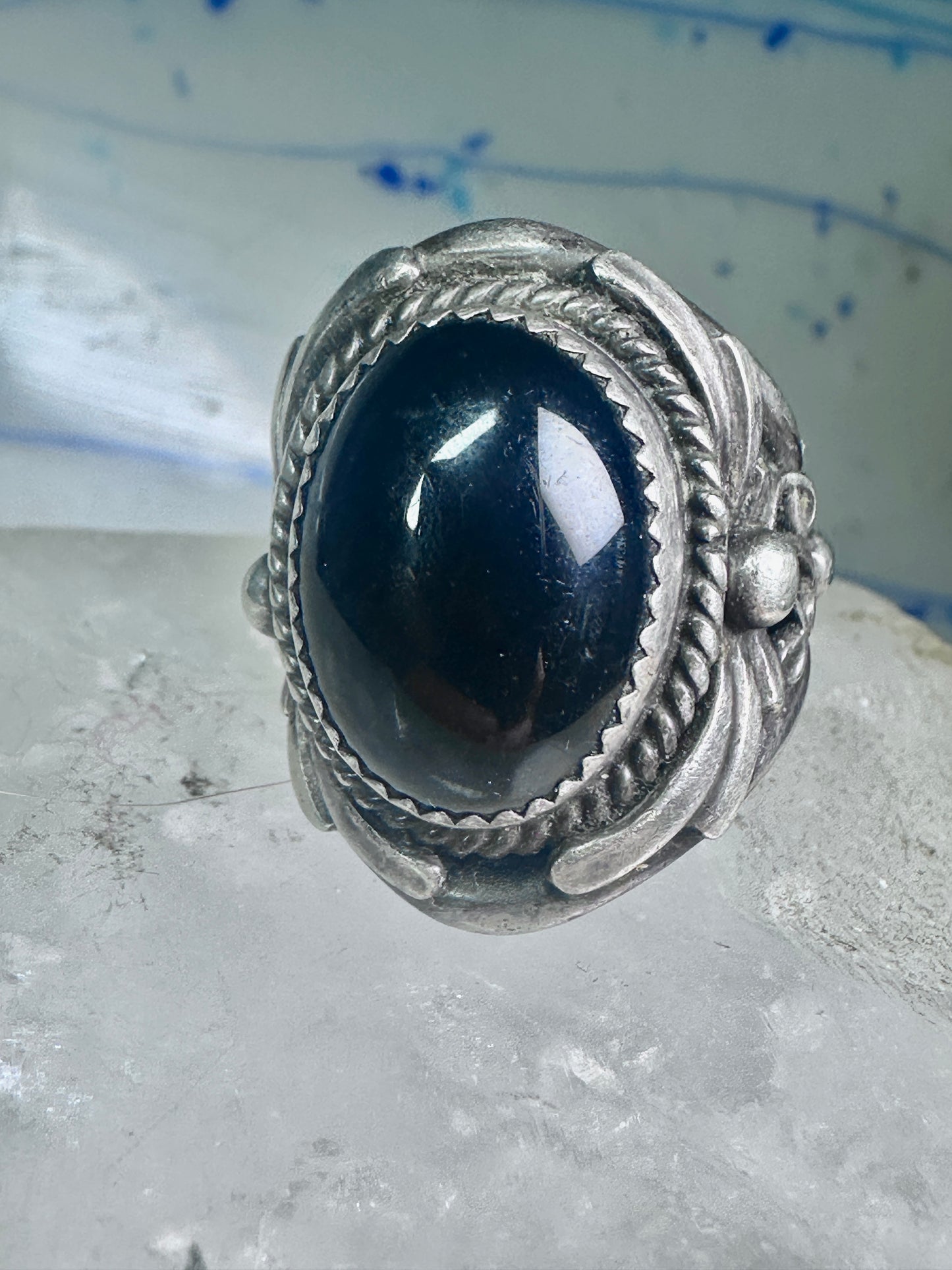 Navajo ring vintage onyx leaves band size 9.25 sterling silver women