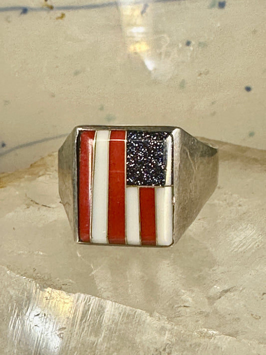 USA Flag ring size 14.25 coral MOP goldstone patriotic sterling silver men women