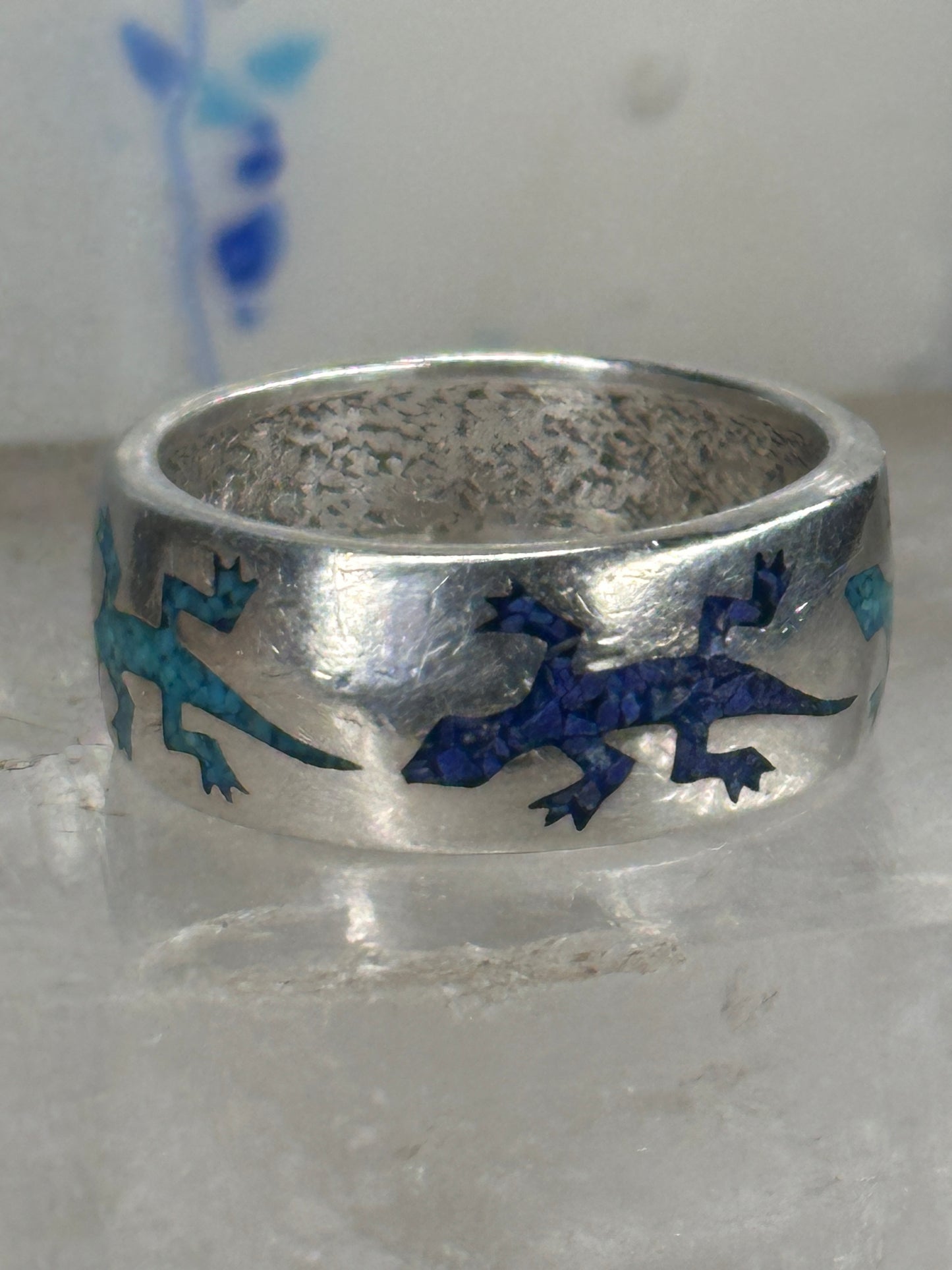 Gecko ring Lizard band southwest turquoise lapis chips size 9.75 sterling silver women men