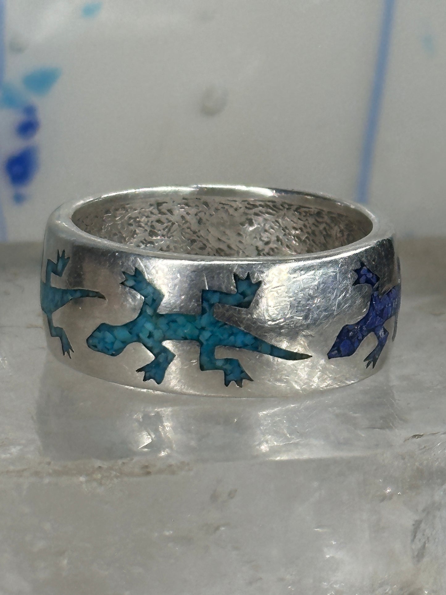 Gecko ring Lizard band southwest turquoise lapis chips size 9.75 sterling silver women men