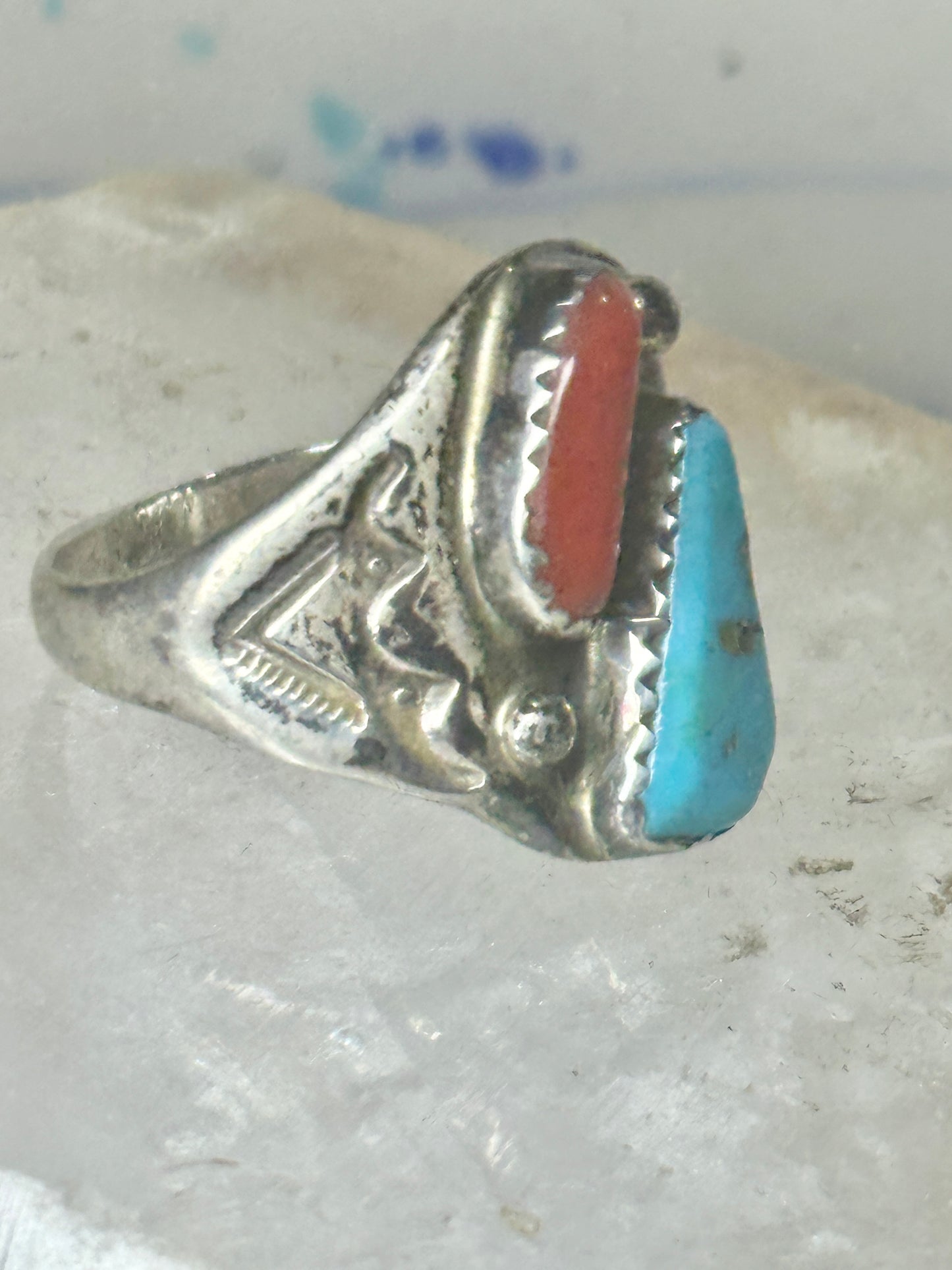 Navajo turquoise ring coral etched band size 9.5 sterling silver women men