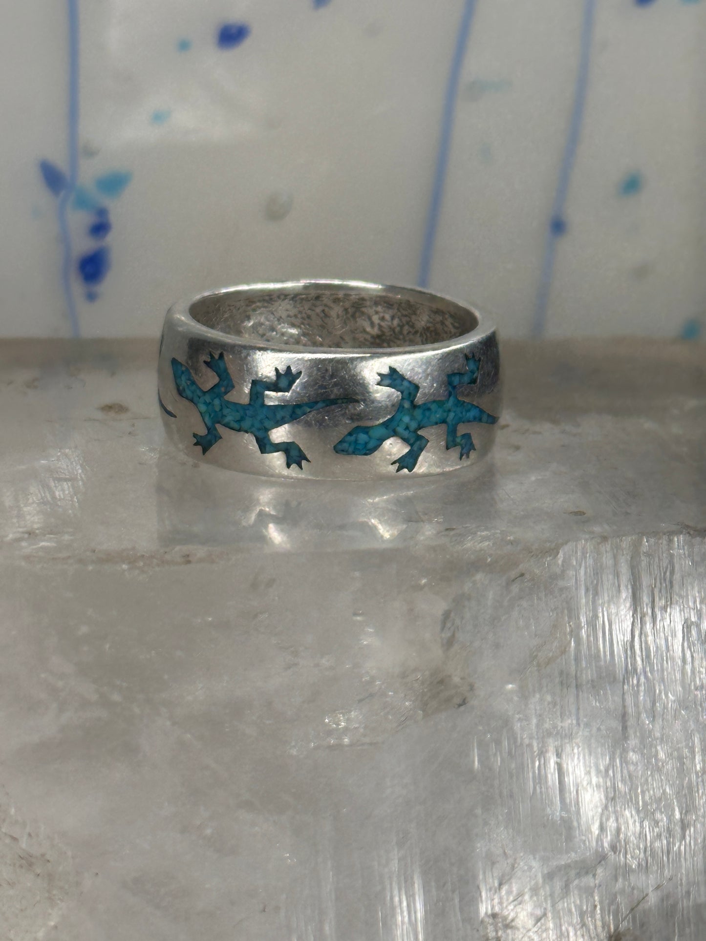 Gecko ring Lizard band southwest turquoise lapis chips size 9.75 sterling silver women men