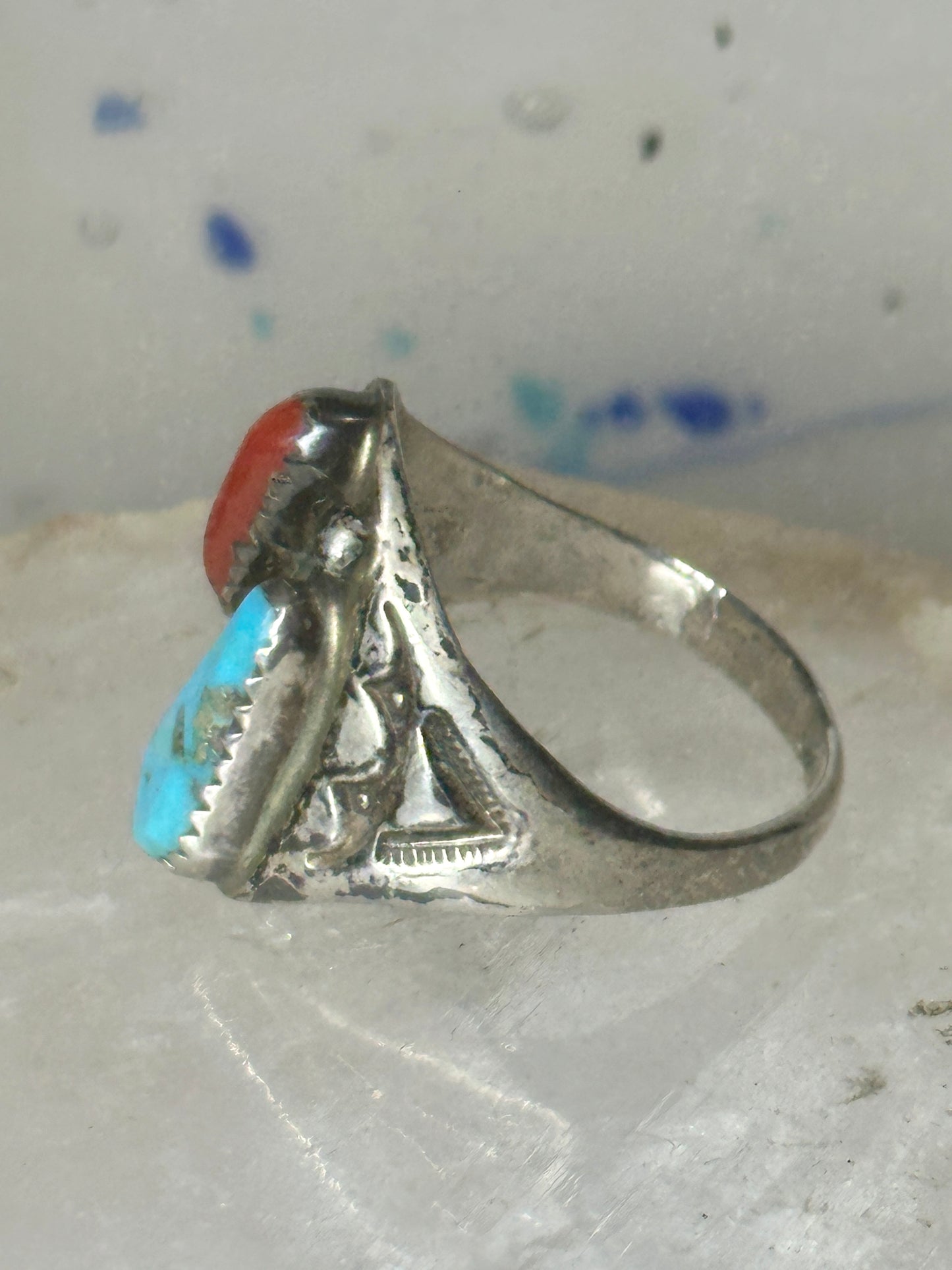 Navajo turquoise ring coral etched band size 9.5 sterling silver women men