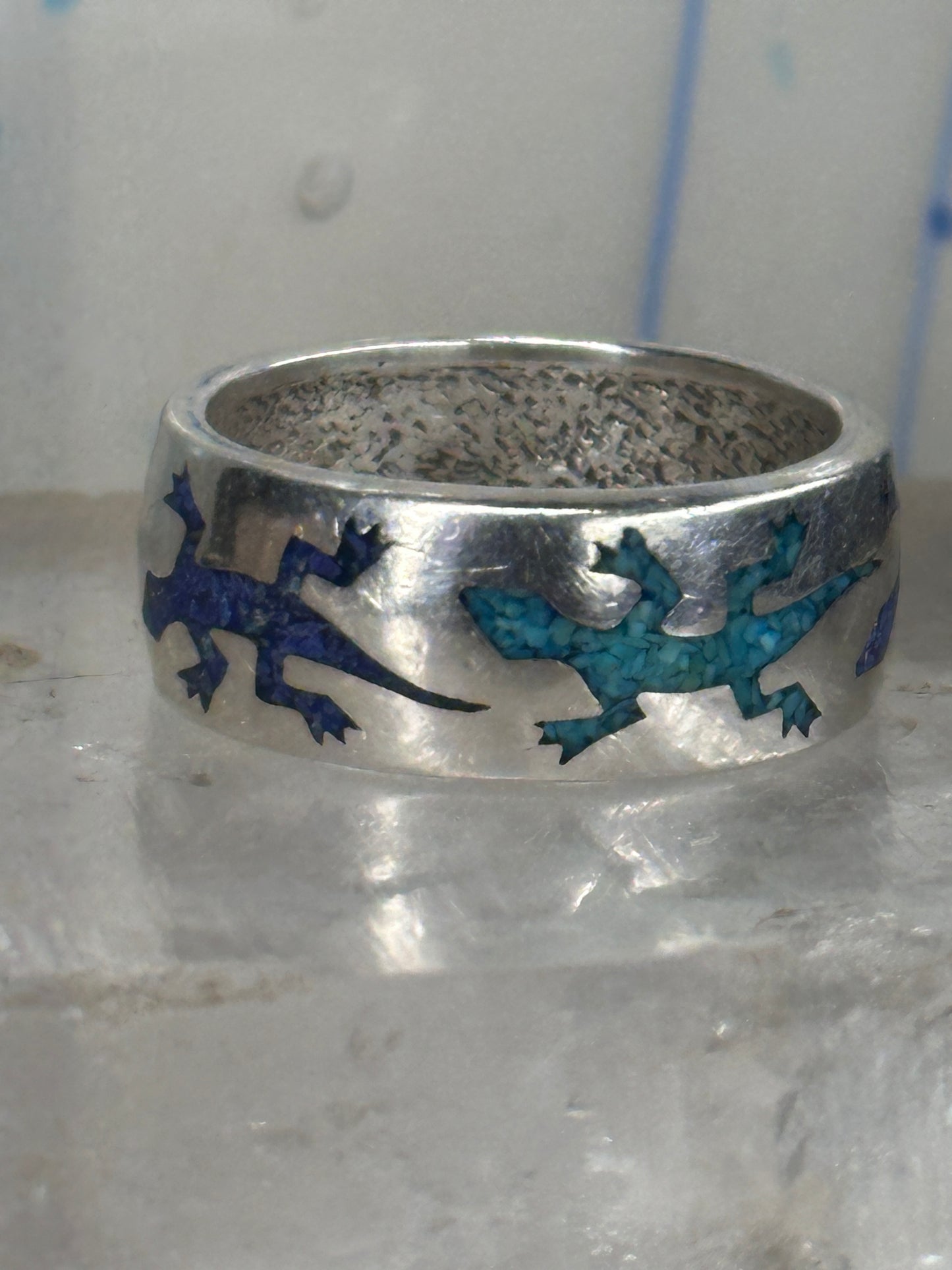 Gecko ring Lizard band southwest turquoise lapis chips size 9.75 sterling silver women men